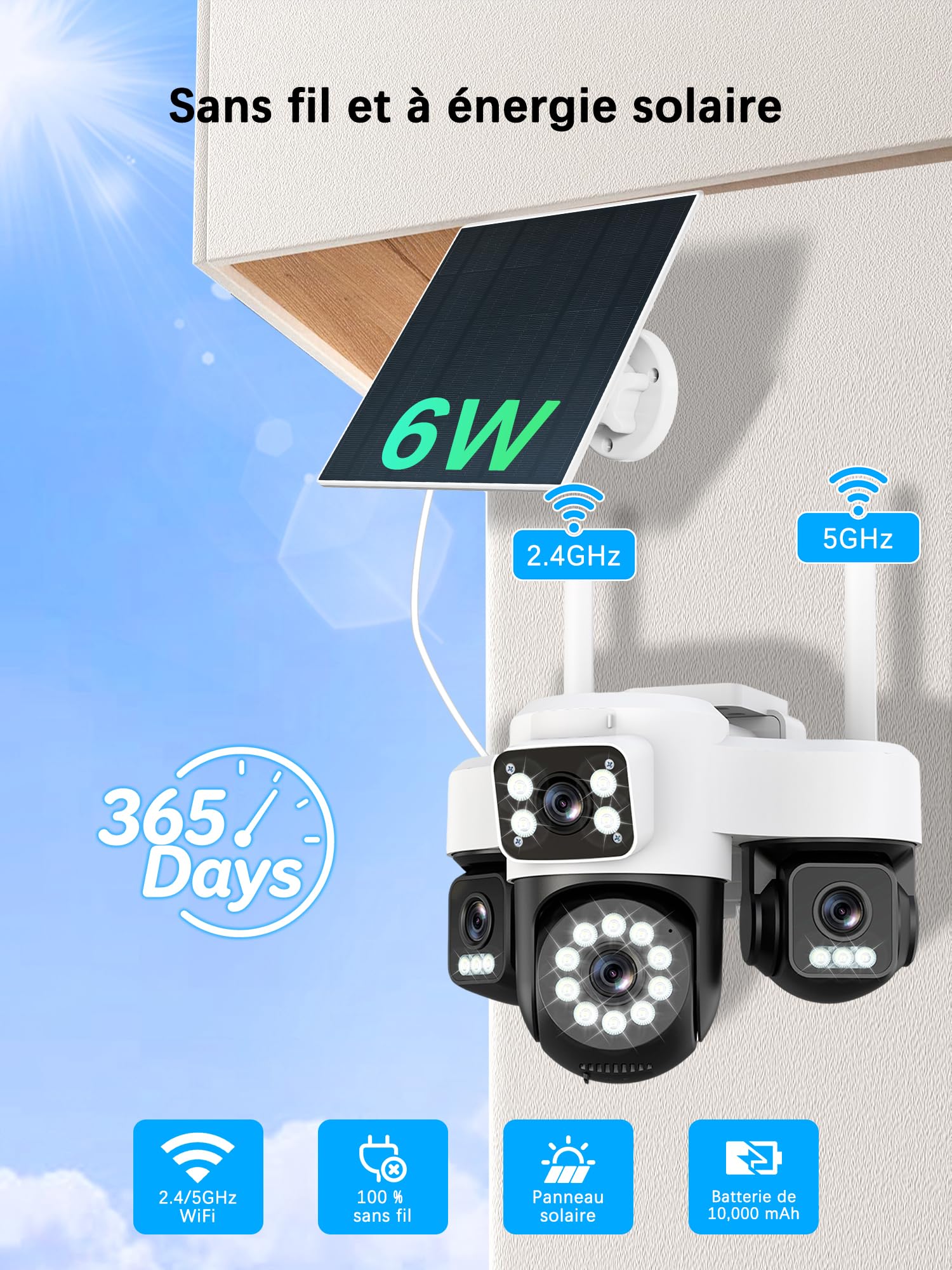 12MP Camera Surveillance WiFi Exterieure sans Fil,AOV 24/7,Quatre objectifs/Camera Solaire/Batterie,Suivi Automatique,360° PTZ,Vision Vocturne,Audio Bidirectionnel,PIR Sirène,étanche,2.4/5G WIFI,IP66