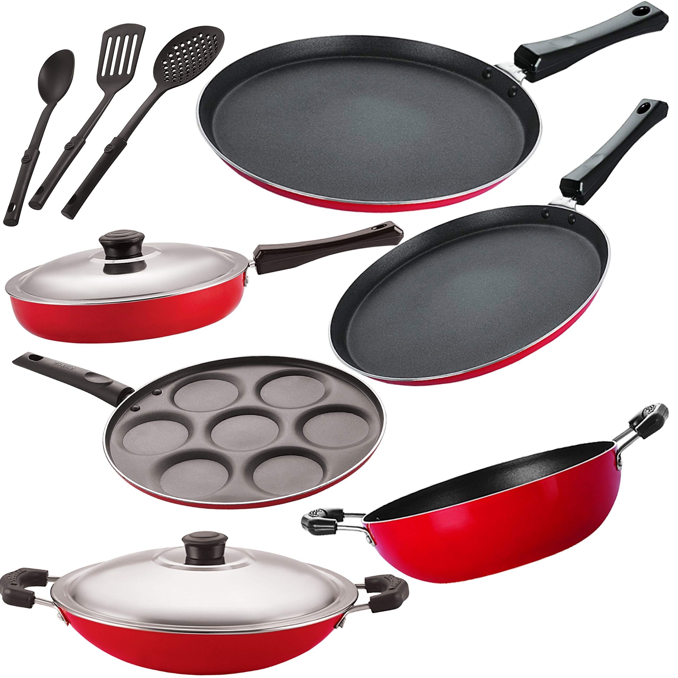 NIRLON Non-Stick Aluminium Healthy Cookware Kitchen Utensil Set, Red & Black - 9 Pieces, 2.6mm_FT13_FT12_KD14_CH_UP_FP12_3SPN