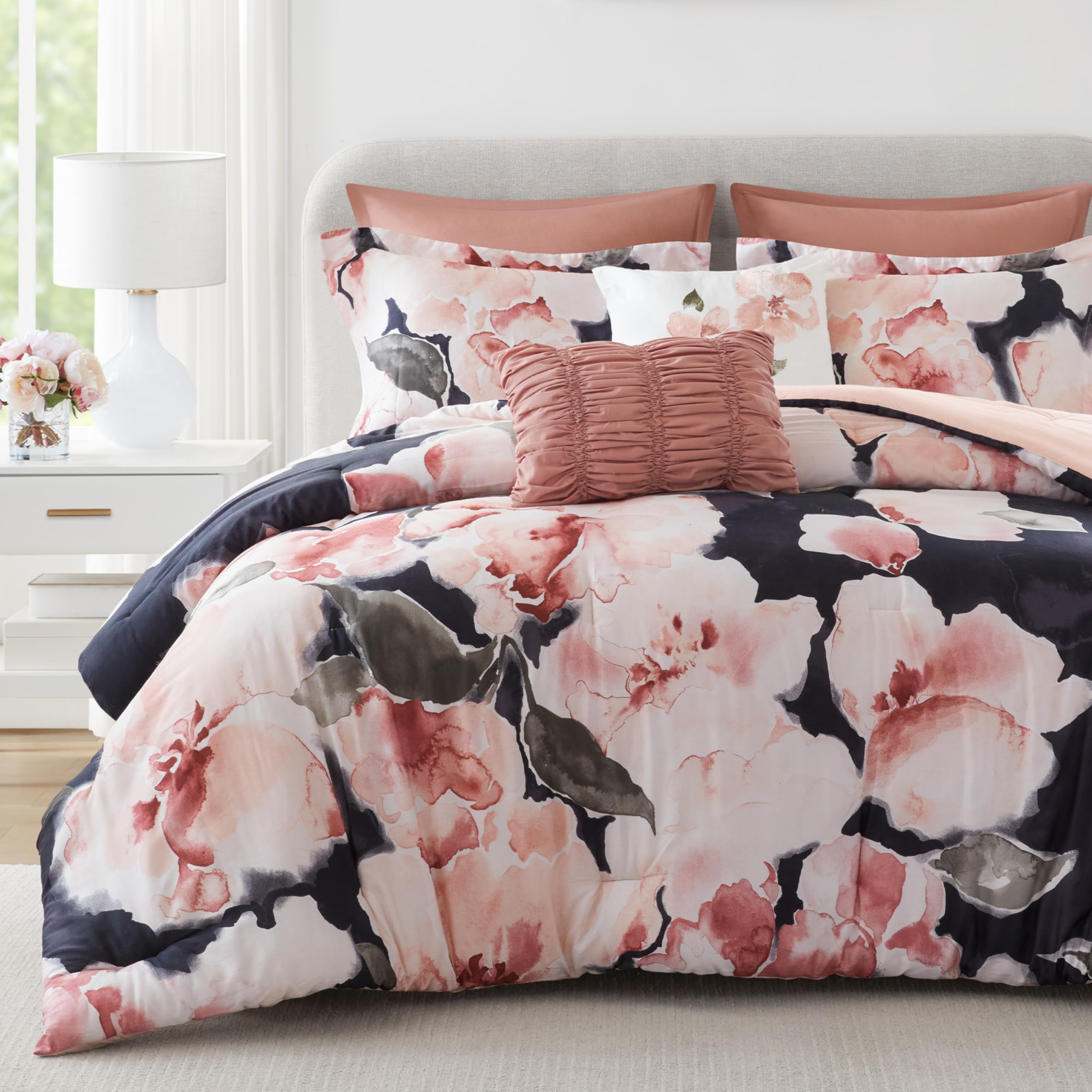 Madison Park Madison Park 7-Piece Comforter Set, Floral Print, Breathable & Smooth Cotton Sateen Bedding with Euro Shams, Queen, Blush, Queen, Blush