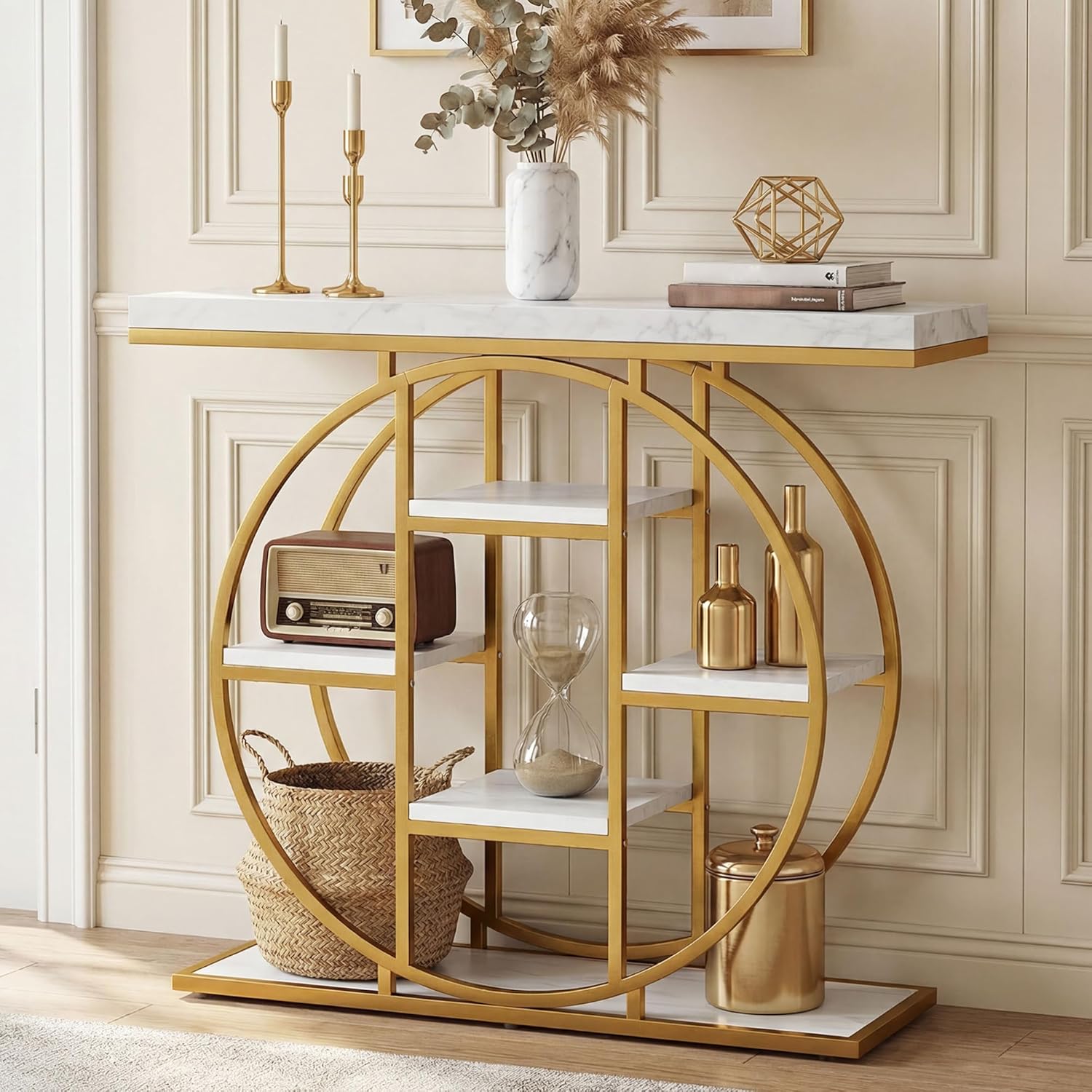 HOMCOM Entryway Table, 39.4" Console Sofa Table with Storage Shelves and Circle Steel Frame, Narrow Wood Accent Tables for Entrance, Hallway, Foyer, Living Room, White Marble Effect