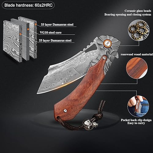 Miniatura 3 de Cuchillo de bolsillo para hombre, cuchillo plegable hecho a mano de acero de damasco, mango de palisandro de 3.5 pulgadas, con estuche de cuero,