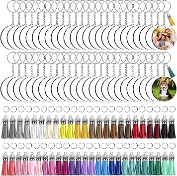 ZOCONE 250 Pcs Round Sublimation Keychain Blanks Bulk, Sublimation Blanks Keychain 2in Heat Transfer Blank Keychains, Double Side Keychain with Tassels, Jump Rings, DIY Gift Ornament