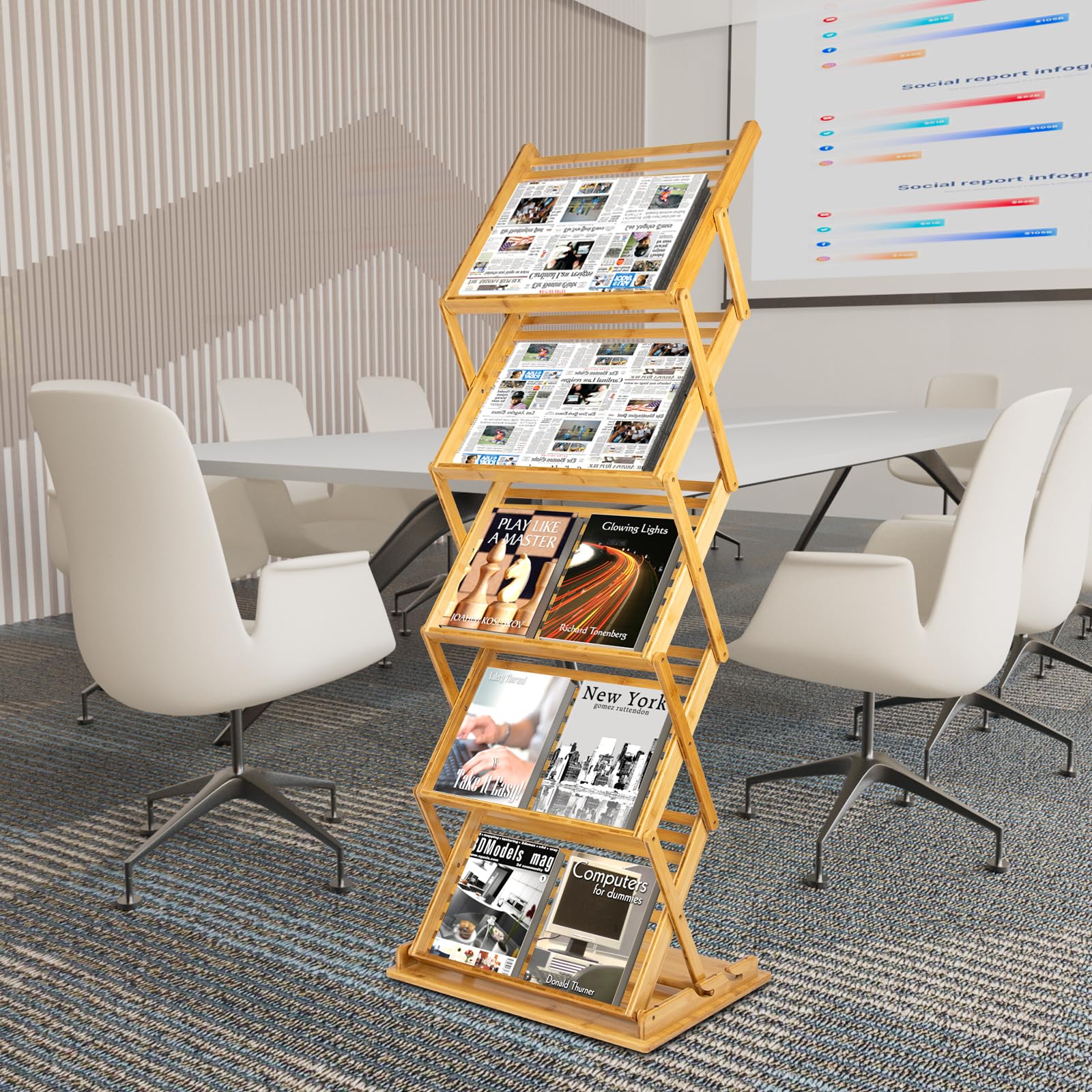 Espositore per Riviste Pieghevole, Portariviste da Terra in bambù, Portatile Espositore per Brochure 5 Scomparti A3 per Volantini, Riviste, Letteratura, Supporto Cataloghi per Fiere, Uffici