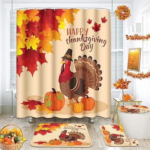 Tayney Juego de cortinas de ducha de otoño con tapa de inodoro y alfombras antideslizantes, calabazas de granja, camión, gnomo, cosecha de Acción de