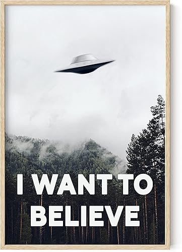 HAUS AND HUES Póster de The X Files I Want To Believe, con texto en inglés "I Want To Believe", pósteres de OVNI para habitación estéticos Trippy