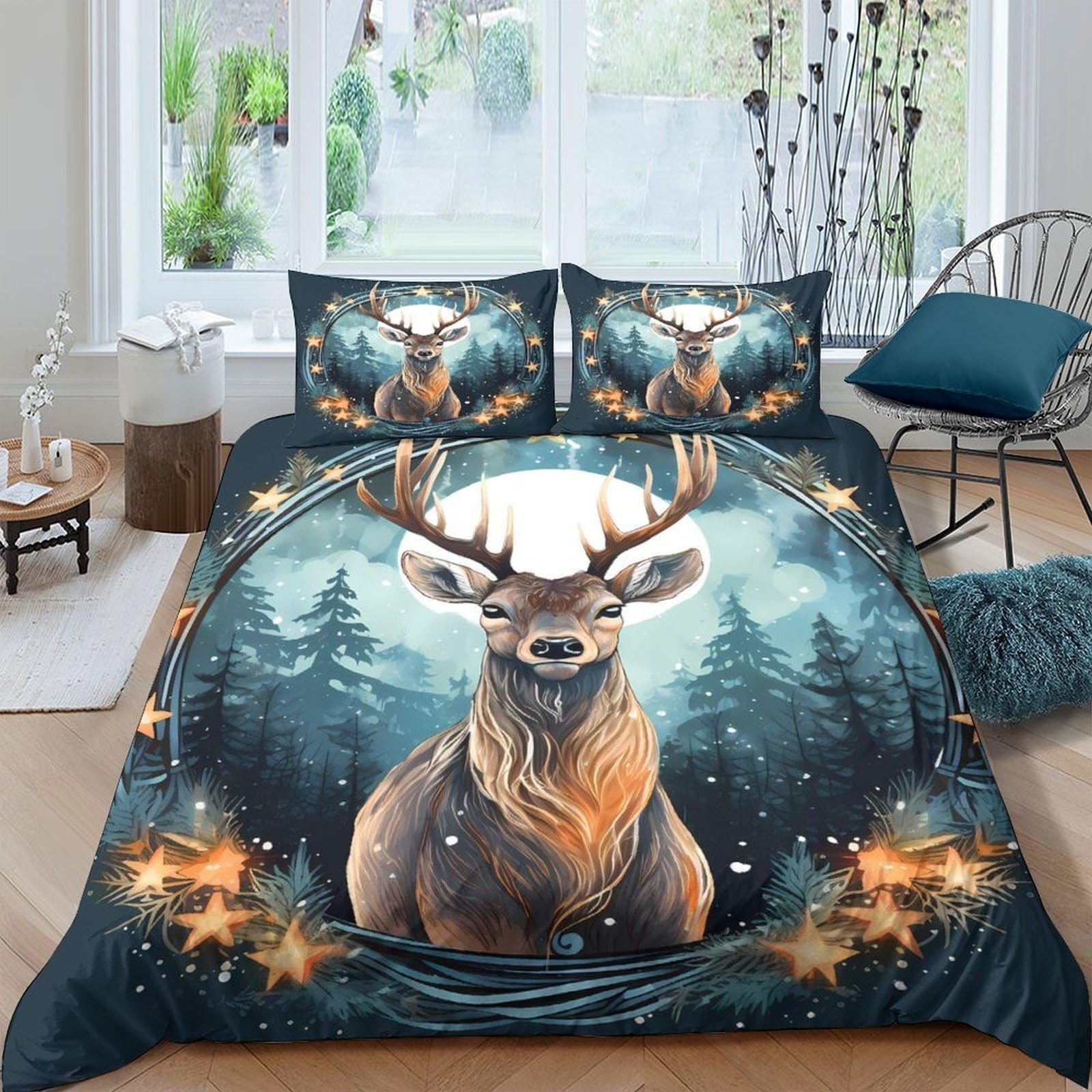 Ctjqhvkz Style-6 3D Printed Forest Deer Fitted Sheet Microfiber Soft Breathable Antler Woodland Mattress Cover For Bedroom Guest Room Decor Single（135X200cm）