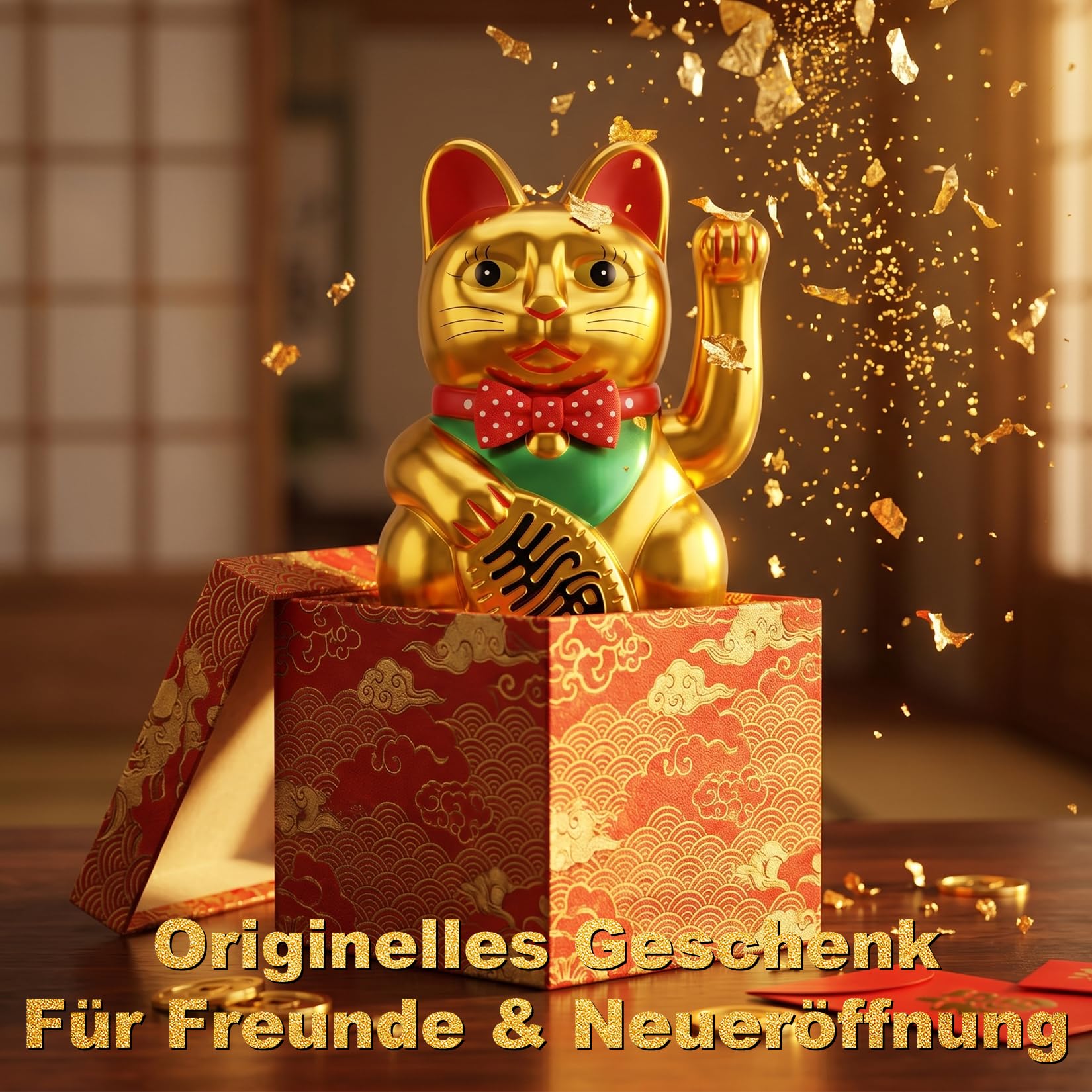 Starlet24 - Gatto portafortuna “Maneki Neko” con zampina che si muove, per feng shui, Plastica, gold, 11 cm