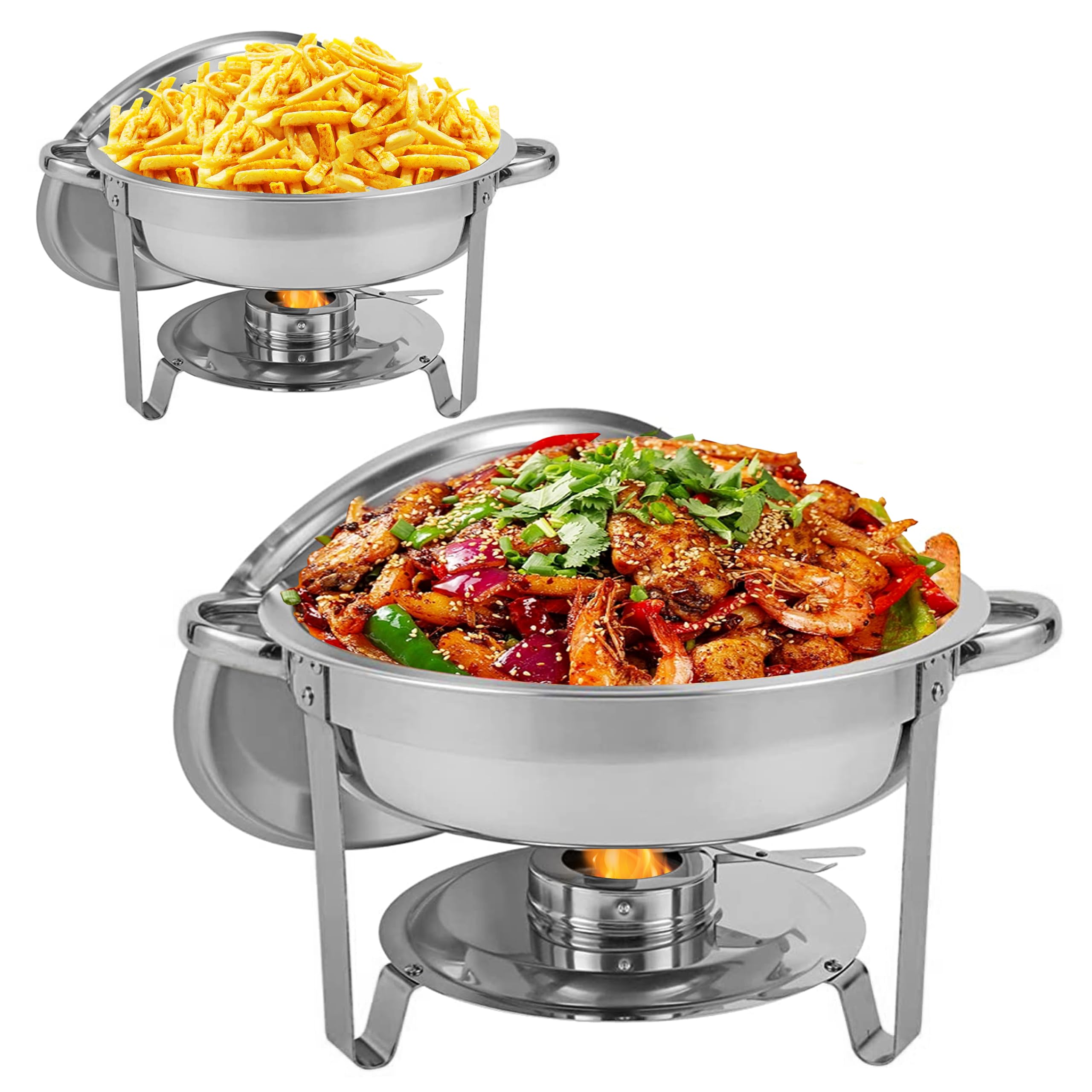 HORESTKIT Round Chafing Dishes Stainless Steel Foldable Chafers and Buffet Warmers Sets, 5QT Foldable Complete Food Warmer, Sliver, 2 Packs