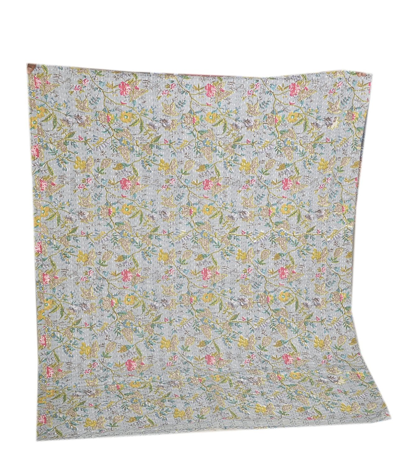 Sophia-Art Indian Twin Gudri Handmade Quilt Vintage Bird of Paradise Print Kantha Spread Throw Cotton Blanket