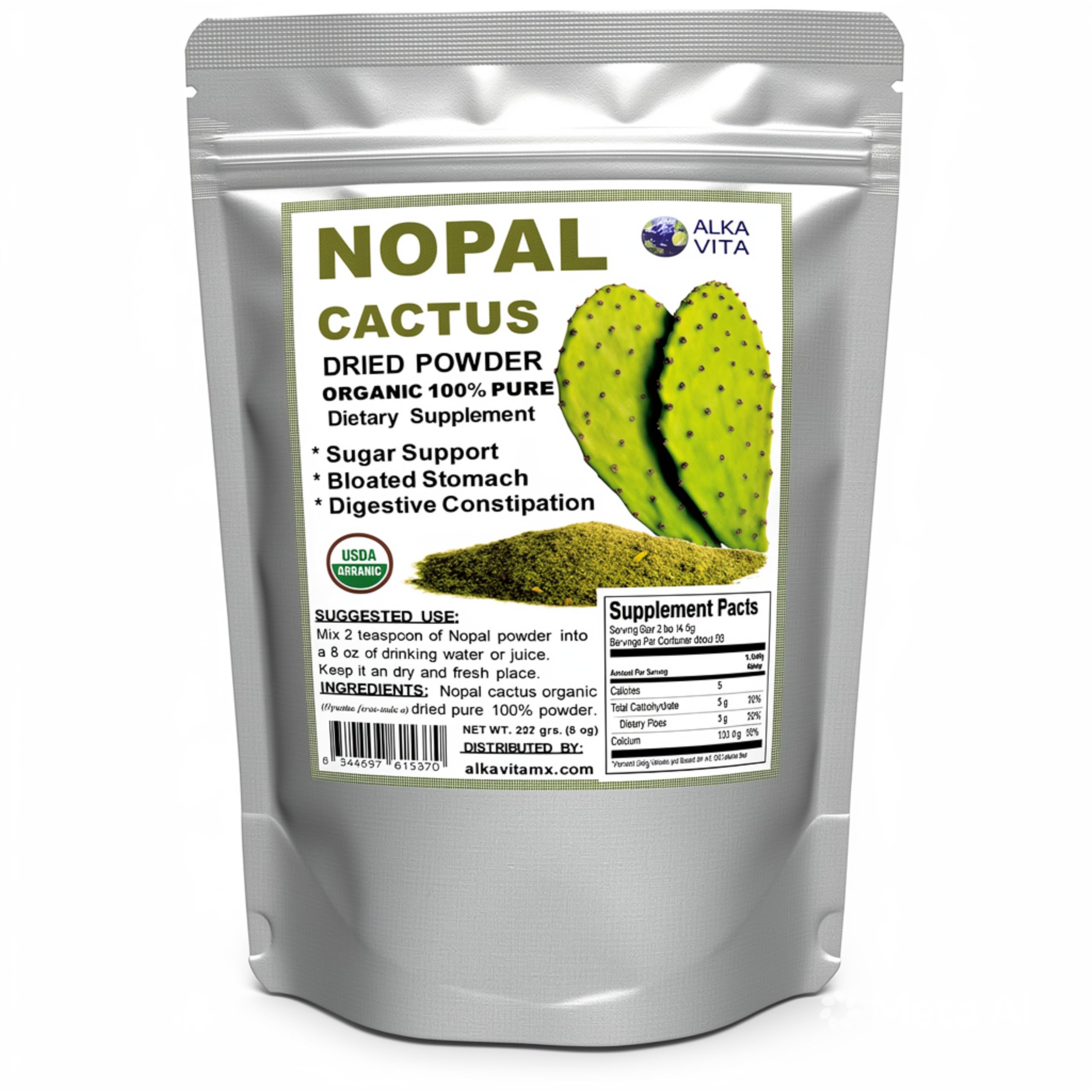Nopal Cactus Organic 100% Pure Dried Powder Vegan Nutritional Food for Healthy Digestion 1/2 Lb. Bag