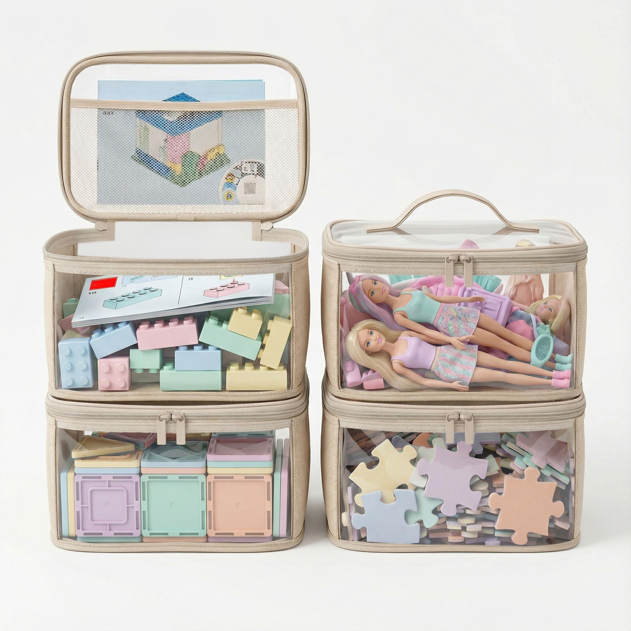 holay Clear Toy Storage Bags with Handle, 4 Pack Playroom Storage Organiser Bins Kids Toys, Board Games, Busy Bags, and Homeschool Supplies –Transparent PVC with Reinforced Base(Brown, Small)