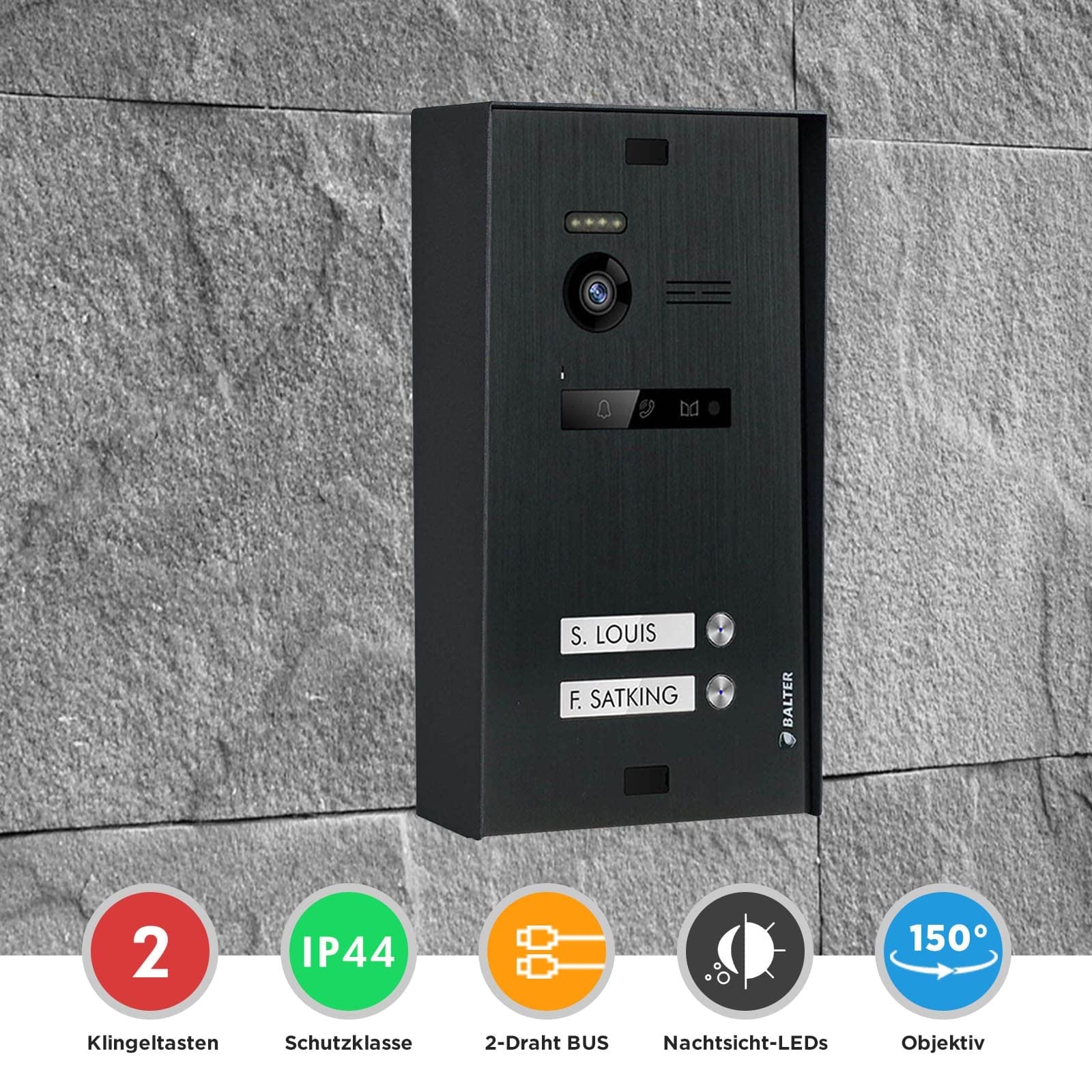 Nonic Balter EVO Aufputz Video-Türsprechanlagen Set 2 Familienhaus (1x Türstation mit Kamera, 2X Touchscreen 7 Zoll LCD-Monitor Schwarz, 2X Talk Analoge Sprechstelle, 2-Draht Bus, 150° Kamera)