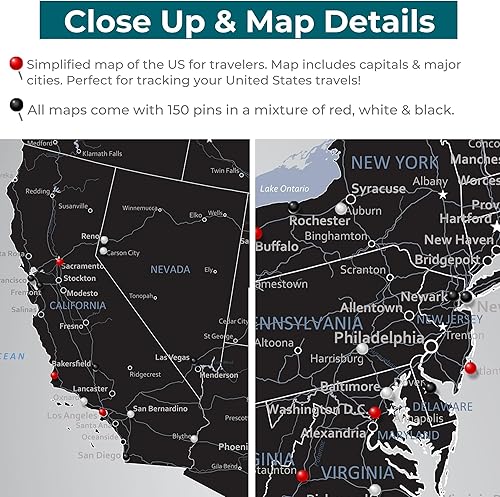 Vista 25 de Mapa de viaje personalizado de Black Ice USA con pasadores y marco gris de madera de granero de 27.5 x 39.5 pulgadas, mapea tus viajes a EE. UU Gris