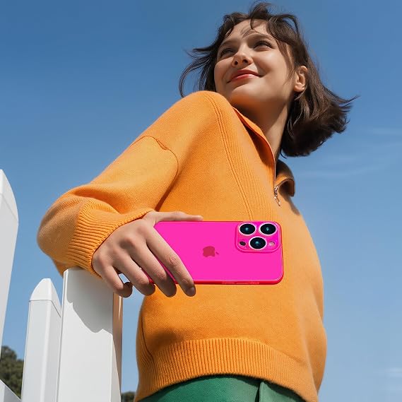 iPhone 16 Pro Max用ケース、カメラレンズカバー付きネオンクリアケース 女性 ガールズ スリム ソフトシリコン 保護 透明 ガーリーケース iPhone 16 Pro Max用 ネオンピンク