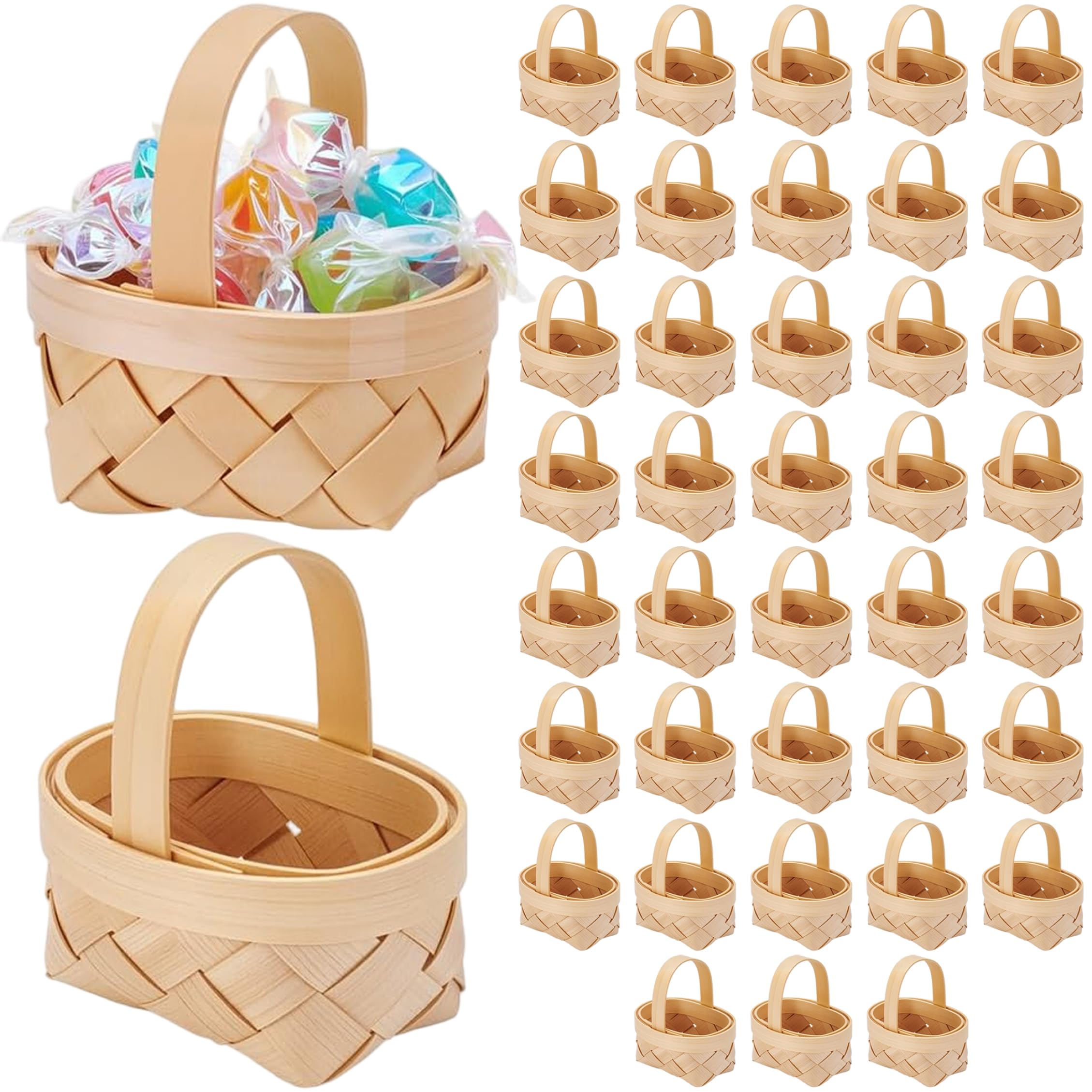 Bemonew 40 Pack Mini Woven Baskets, Mini Picnic Baskets With Handles, Natural Wood Small Storage For Party Favors, 2.56x1.97x1.57 Inch