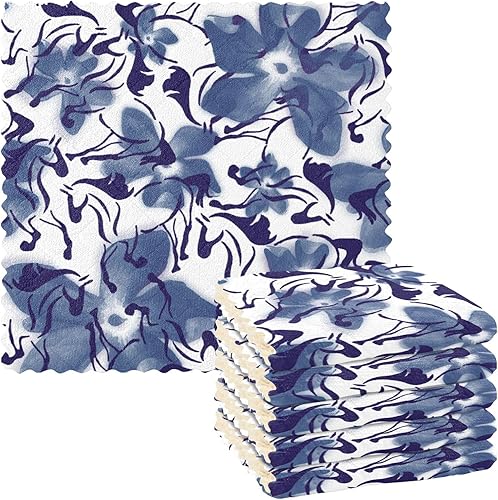FRODOTGV Blue Ink Horses Tropical Hibiscus Flowers Cotton Decorative Microfiber Dish Towels for Kitchen Fast Drying Set of 6 Microfiber Drying Towel