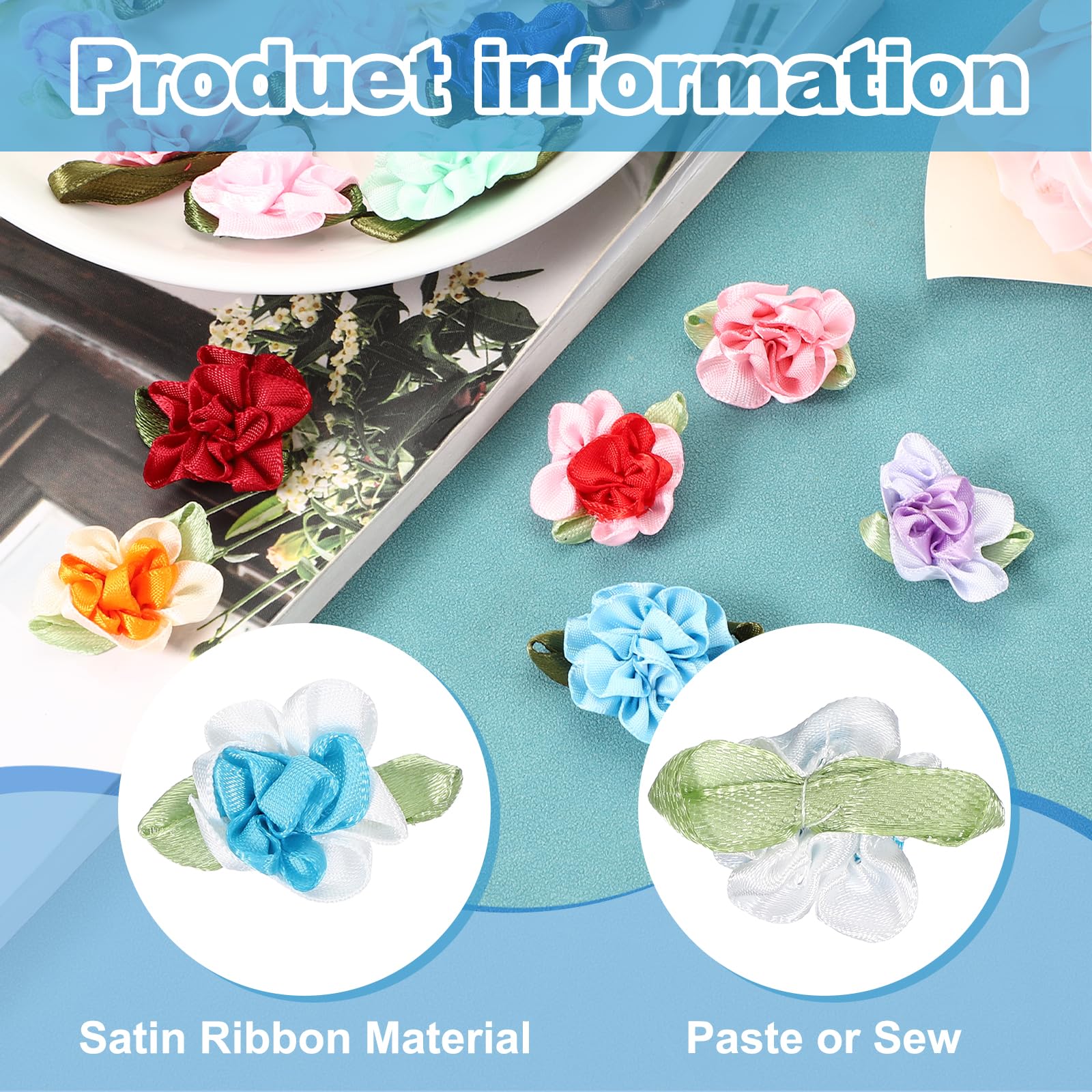 PATIKIL 1 Inch Ribbon Flowers Bows for Crafts 20 Pack Mini Satin Roses Flowers Small Fabric Flower Heads DIY Sewing Appliques for Gift Wedding Bride Ornament Blue/White - Image 3