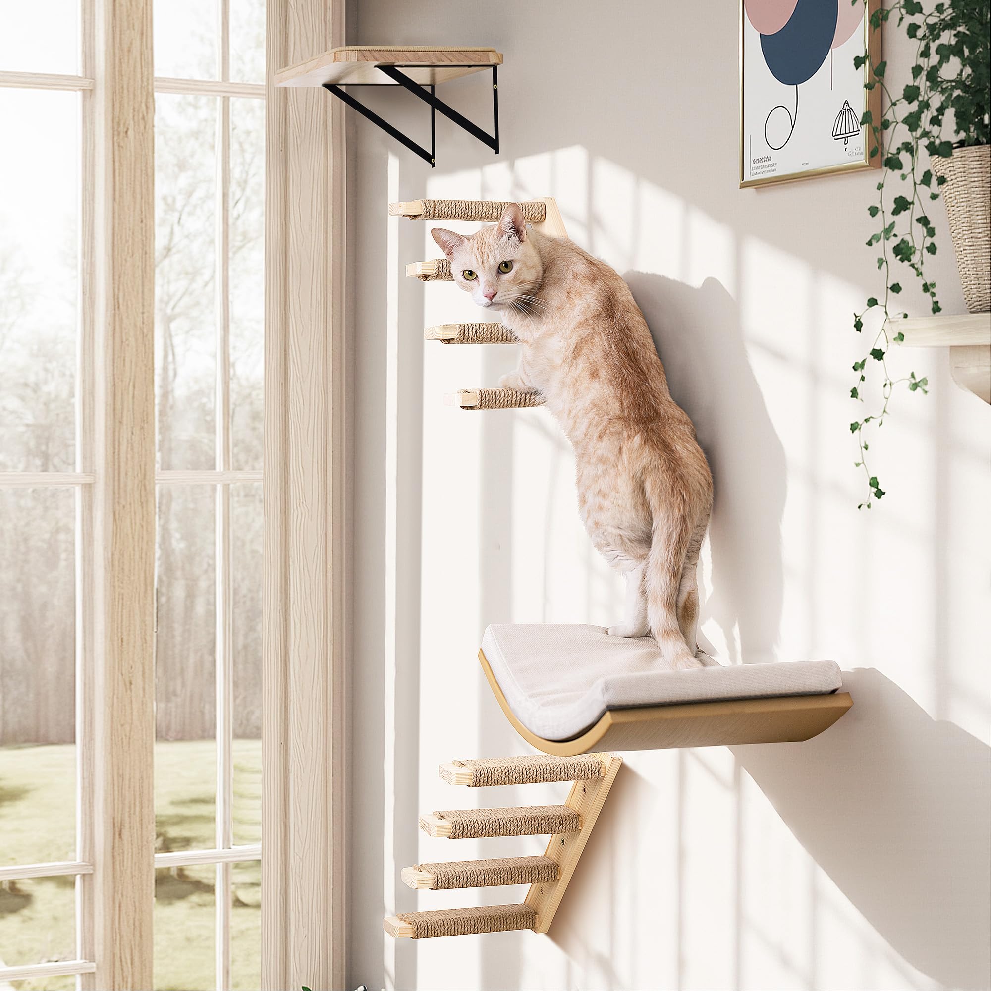 Cats Wall Shelves with Sponge Mat, Cat Climbing Tree with 2 Steps Square Platforms and Curved Platforms, Wooden Cat Wall Furniture Set for Sleeping and Playing