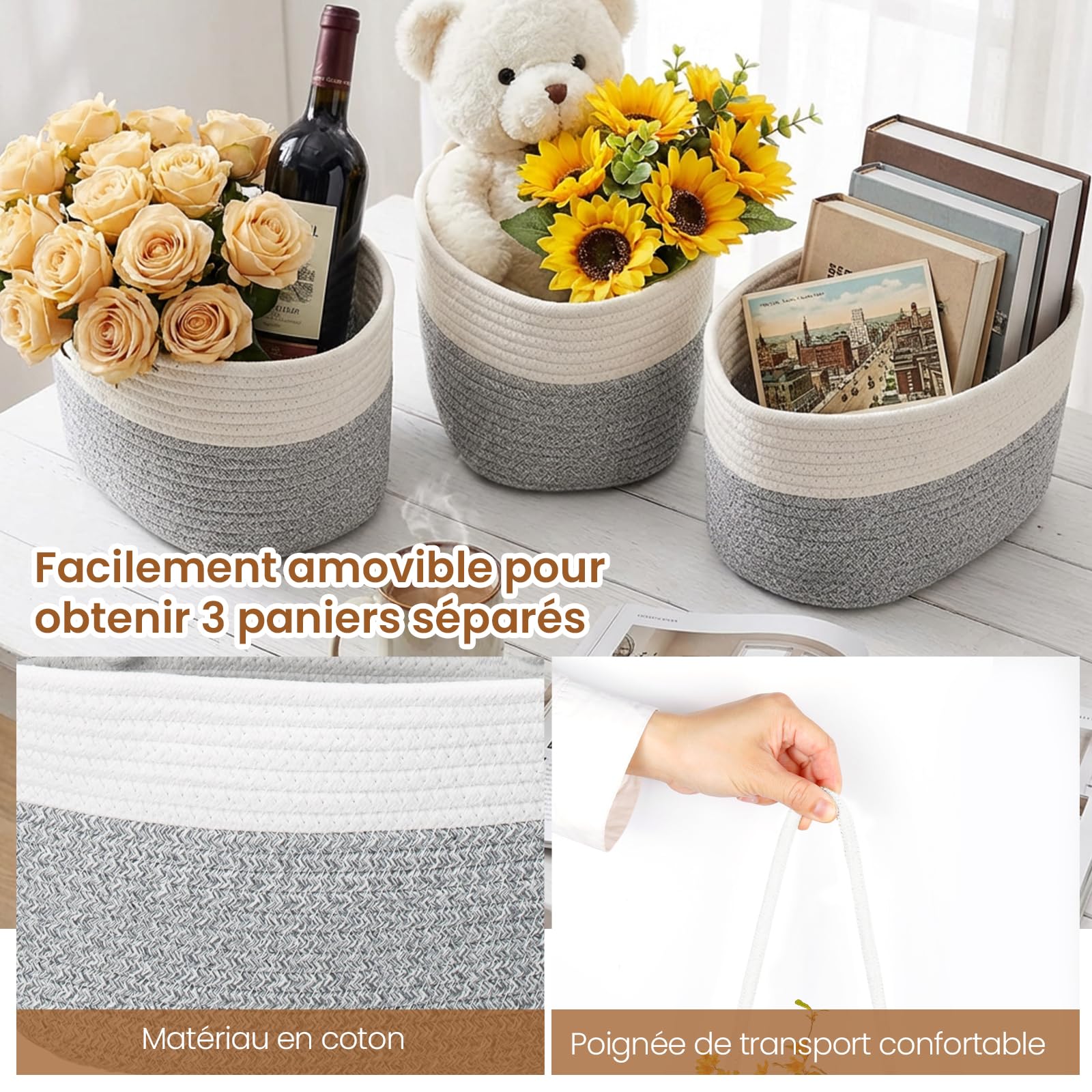 Organisateur Suspendu Mural 3 Niveaux avec Crochets, Sac Mural tissé Corde Coton – Salon, Chambre, Salle de Bain, Chambre Enfant (Gris-Blanc)