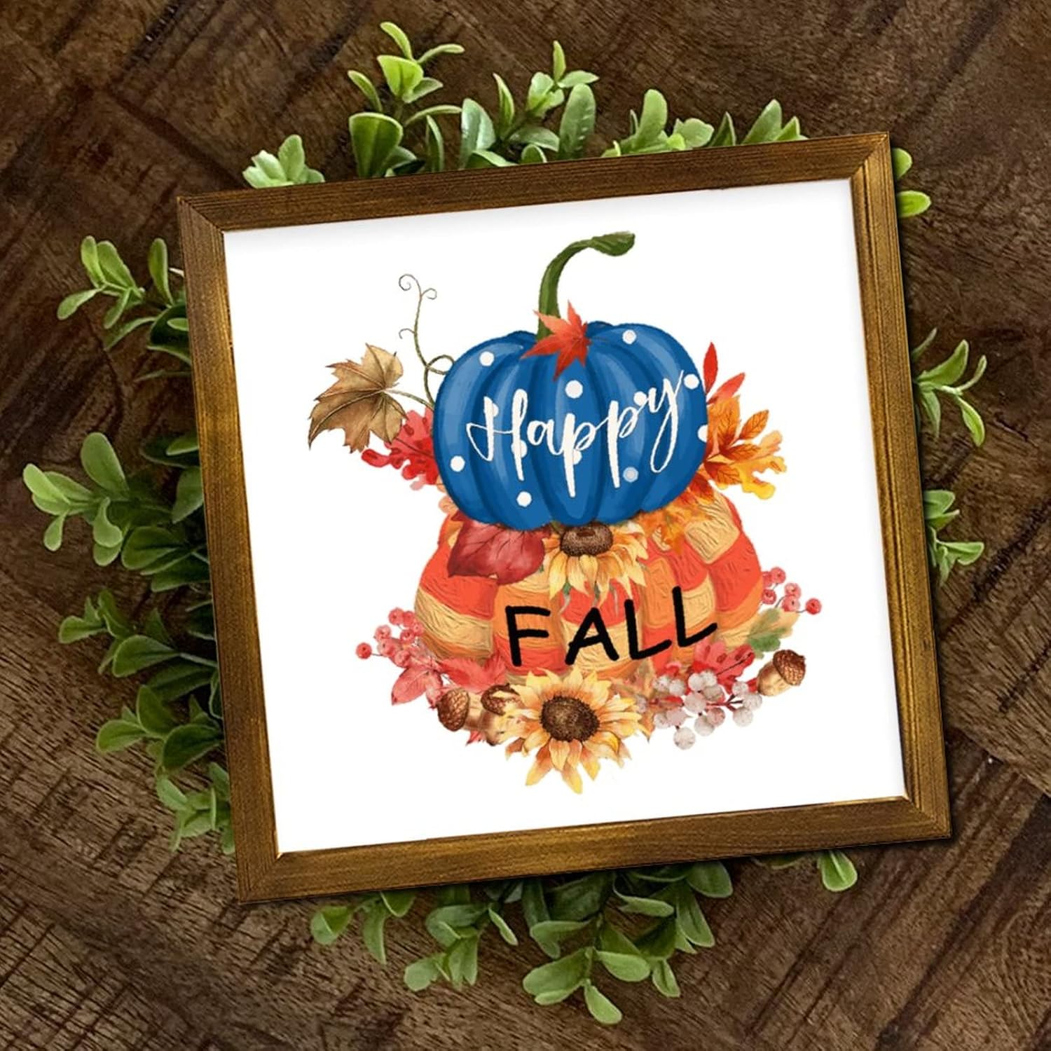 Happy Fall Framed Wooden Signs Pumpkin Sunflower Maple Leaves Wall Sign Rustic Autumn Harvest Wall Decor Farmhouse Rustic Wooden for Grandpa Papa Dad Boyfriend Teacher 12x12 inch
