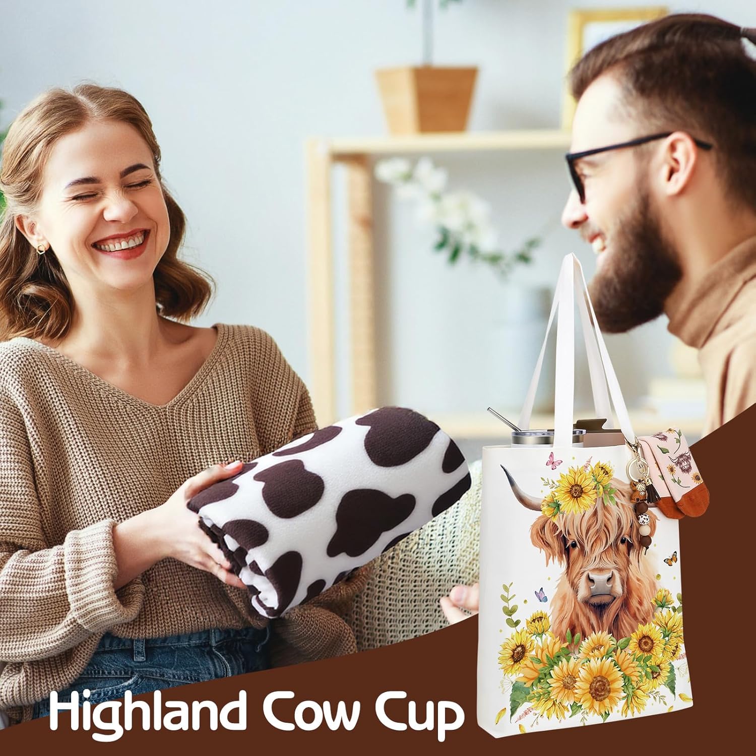 7 Pcs Highland Cow Gifts for Women Highland Cow Stuff Include 20 Oz Tumbler Throw Blanket Canvas Tote Bag Makeup Bag Hair Claw Clips Keychain Socks for Highland Cows Lover Birthday Christmas Gifts