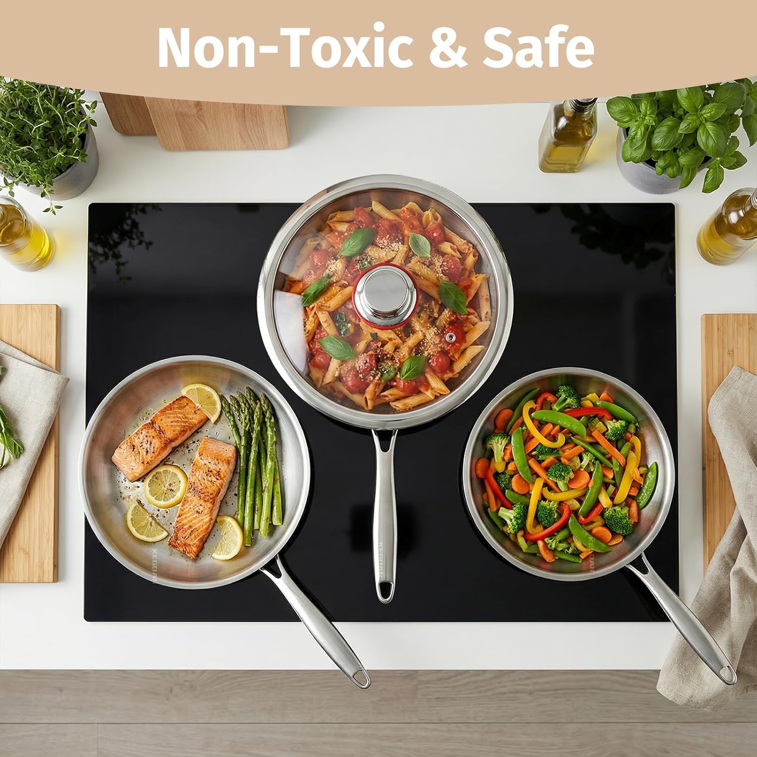 Tri-Ply Stainless Steel Frying Pan Set With Lids, 13pcs Stainless Steel Cookware Set with Detachable Handle, Induction Compatible Skillets for All Stovetops, Dishwasher and Oven Safe, Sliver - Image 8