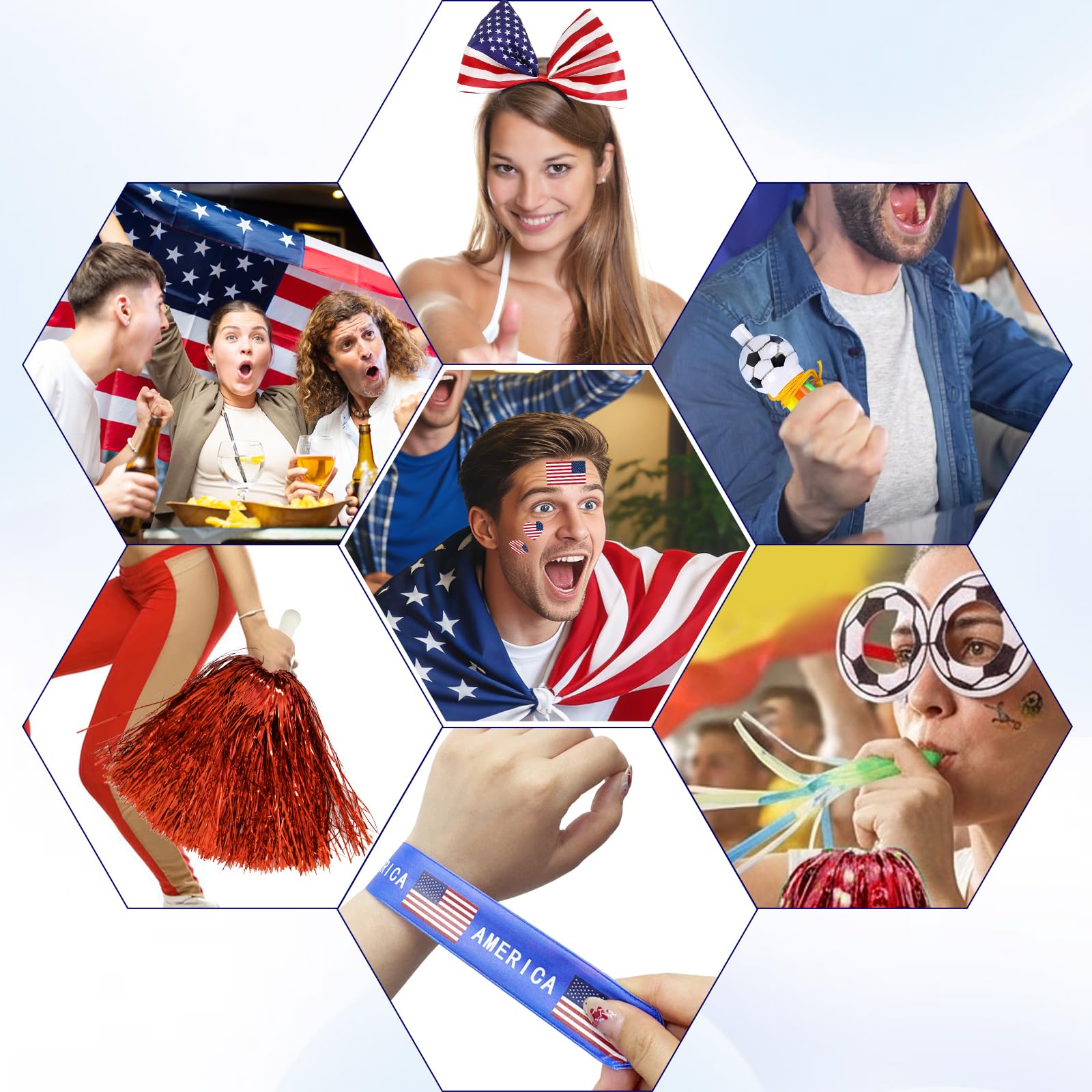 Bekecidi Set di 15 pezzi di accessori per fan della Coppa del mondo di calcio 2026 USA, braccialetti a schiaffo, tatuaggi, fischietti, bandiere, pompon, fasce per capelli, spille per feste di calcio