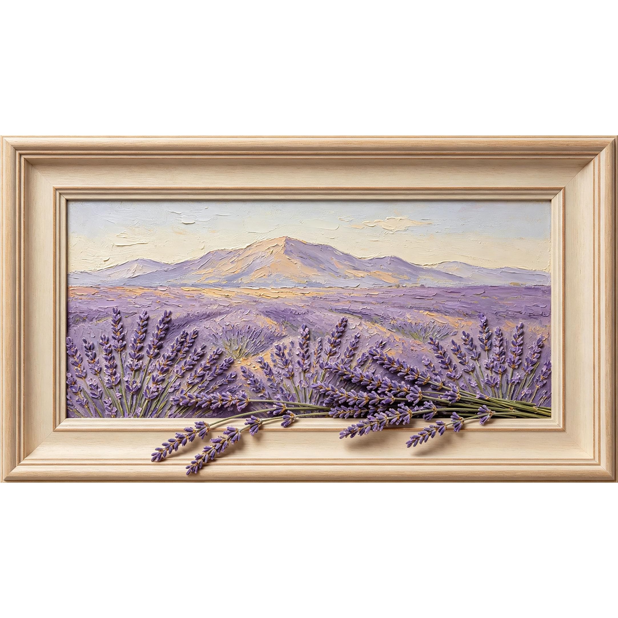 QZLITHOTIC 50x90cm3D Framed Wall Art， Lavender Field Mountain Landscape Self‑Adhesive Mural， Water‑Activated Peel & Stick Fabric Decor Wall Decal for Bedroom Living Room