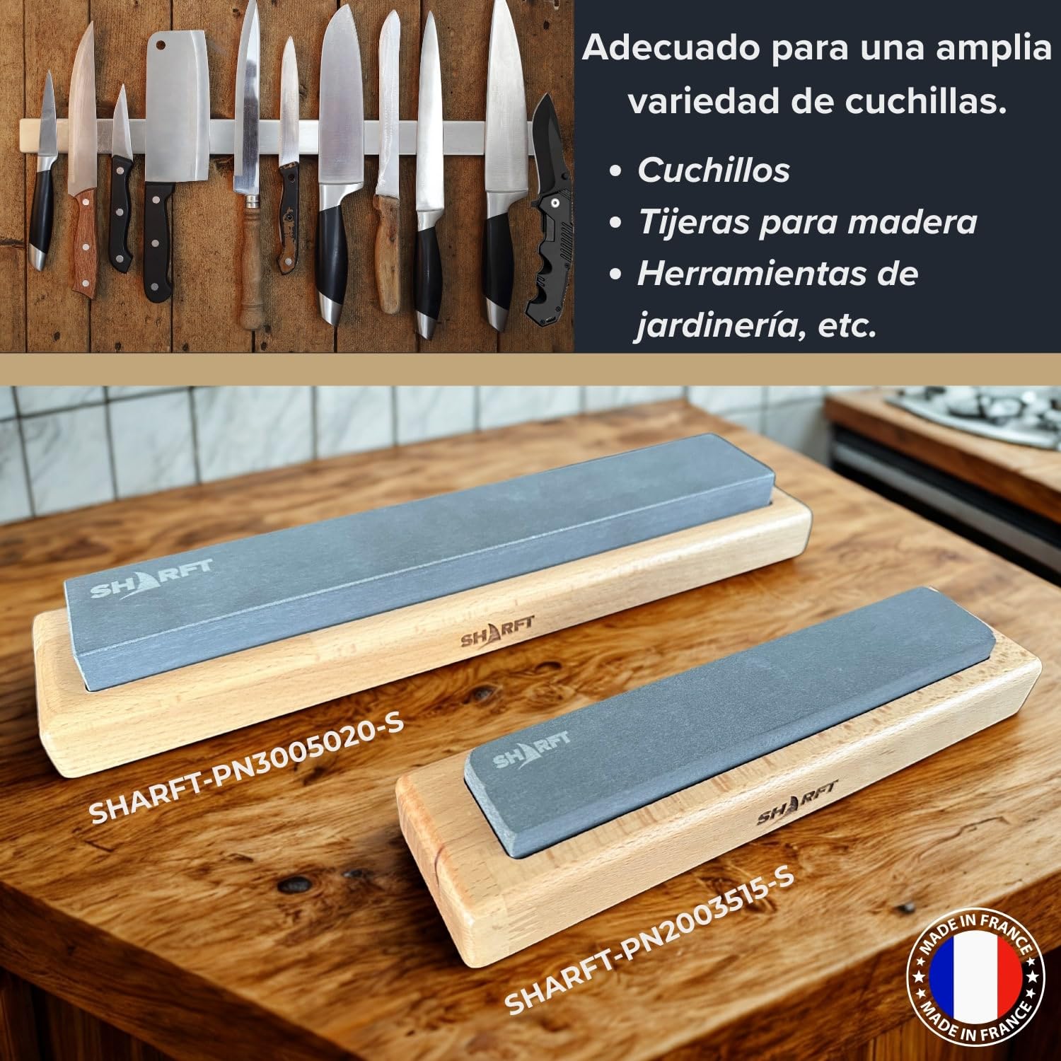 SHARFT, piedra de afilar natural de los Pirineos, equivalente a grano 1000 + base de madera. Piedra de afilar de 300 mm. Afilador de cuchillos de cocina, etc. Afilador profesional. MADE IN FRANCE.
