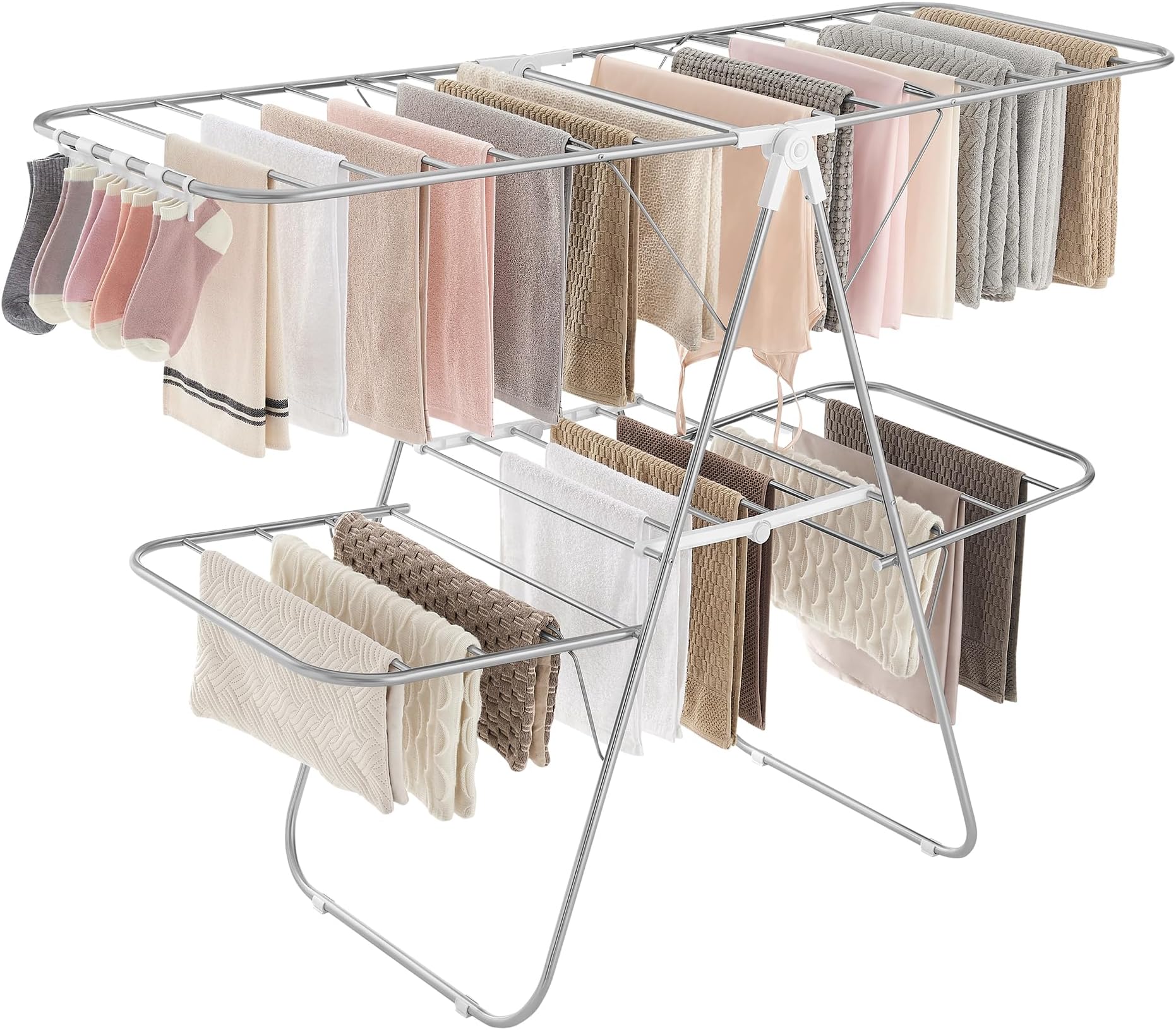 SONGMICS Clothes Drying Rack, Foldable 2-Level Laundry Drying Rack, Free-Standing Large Drying Rack, with Height-Adjustable Wings, 33 Drying Rails, Sock Clips, Silver and White ULLR053W01