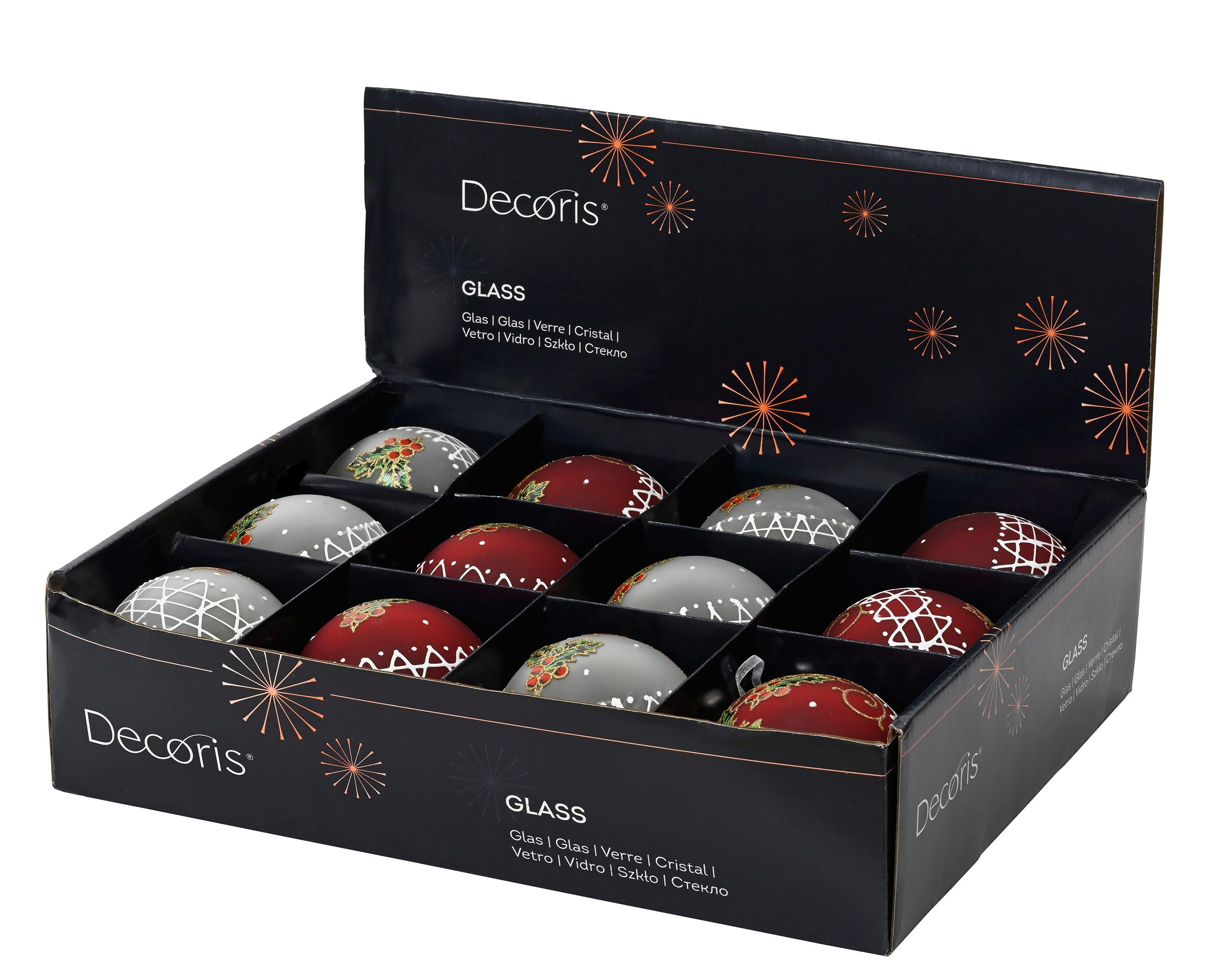 Kaemingk Lot de 12 boules de Noël en verre - 8 cm - Avec motif houx - Boules de Noël - Décoration de Noël et décoration de sapin de Noël - Rouge et blanc