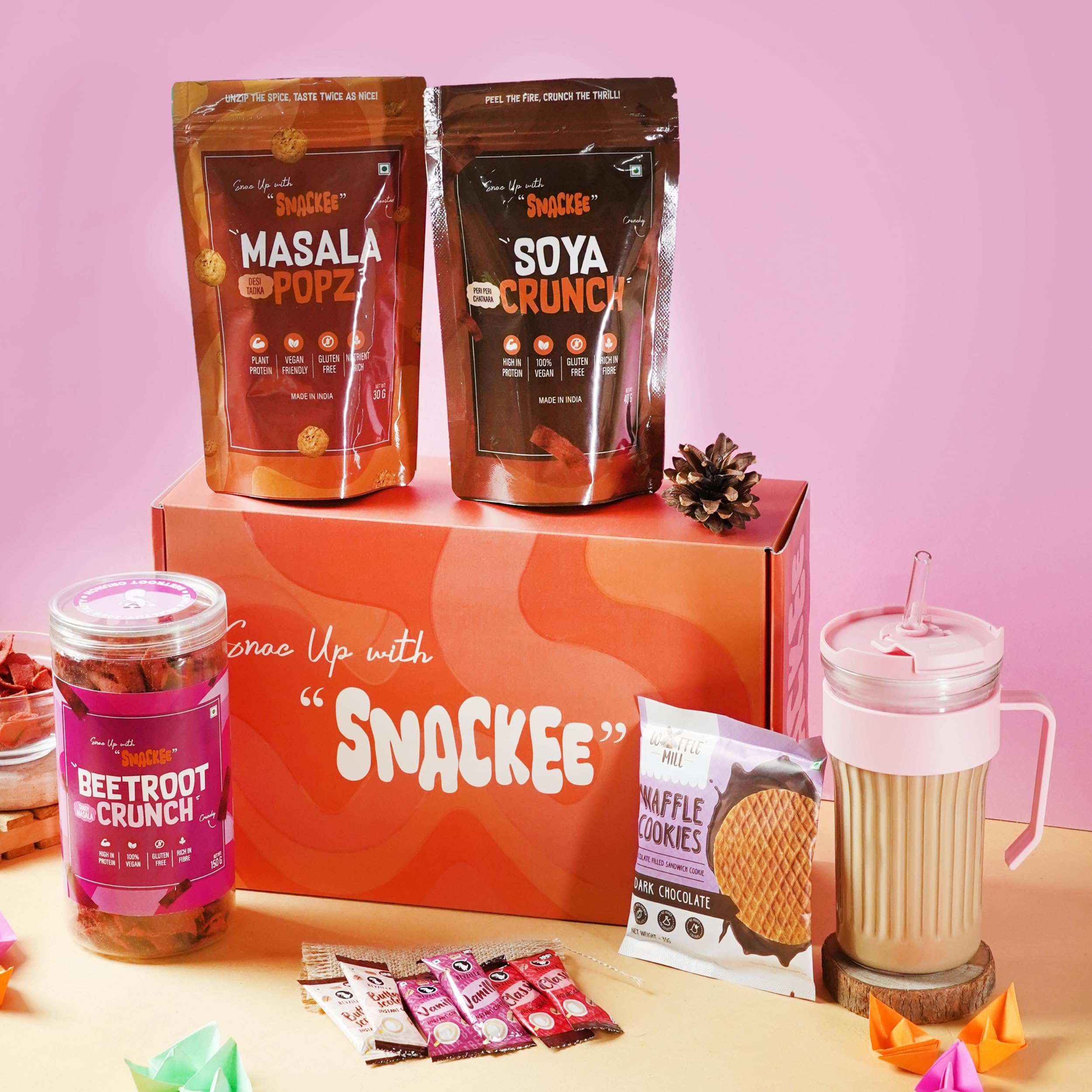 Snackee BREWFFAIR GIFT BOX | Beetroot Chips, Roasted Makhana, Soya Chips | Glass Tumbler with Coffee, Cookie | Healthy Snack & Coffee Combo Gift Set | Corporate Gift Pack | Hamper for Friends & Family | Healthy Guilt-free Snacking | Premium Snack Hamper-image-21