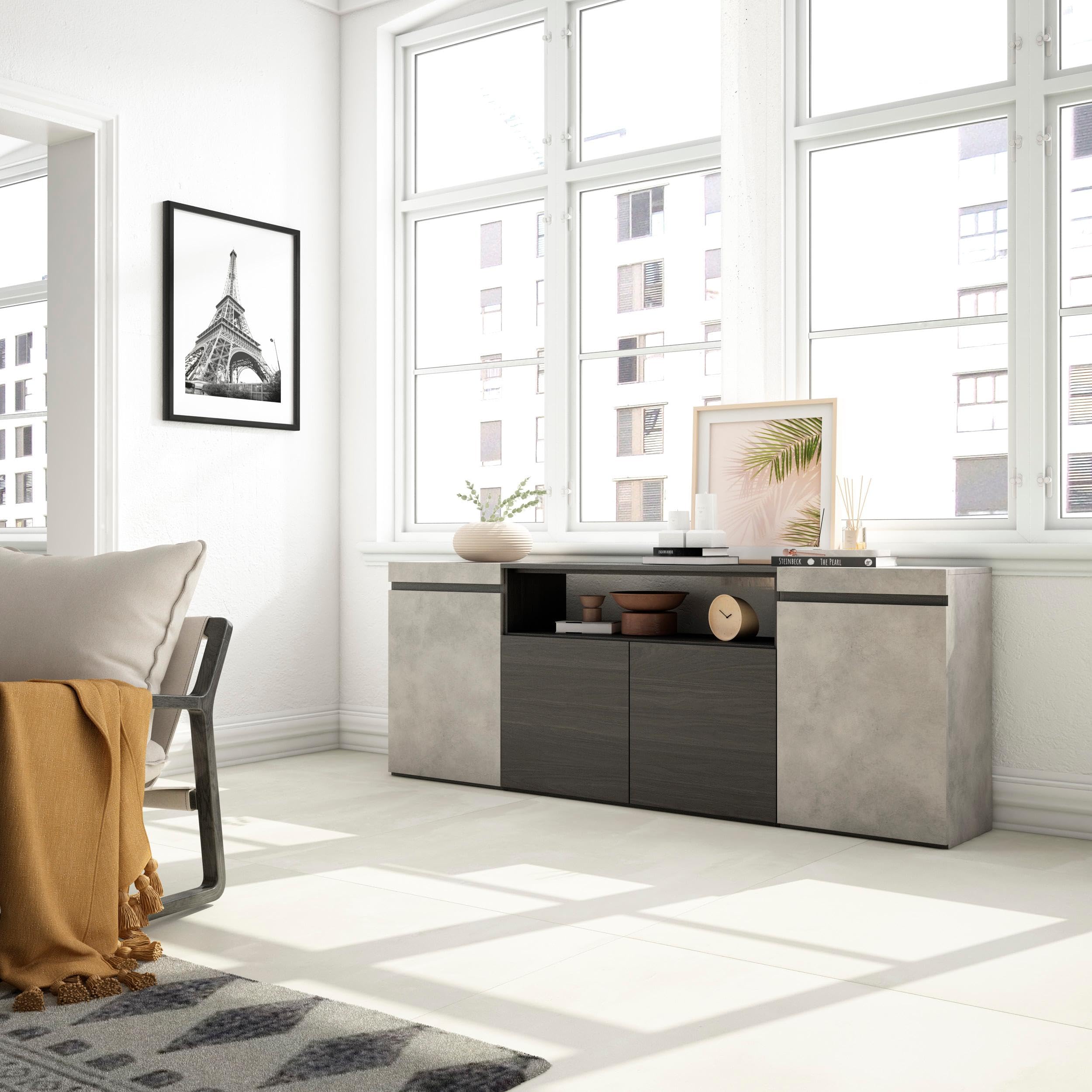 Skraut Home | Credenza, Mobile, Cucina | Madia, mobile ingresso | 200x75x35cm | 4 Porte | grande stoccaggio | Stile moderno | Cemento