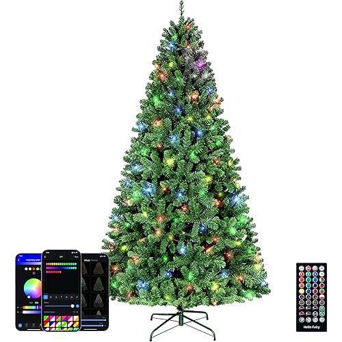 Brightown Smart Prelit Christmas Tree - 7.5ft APP Controlled RGB Pre Lit Christmas Tree Lighted Pre-lit Artificial Trees- with 400LED 1477 Branch Tips Customize Display DIY Dynamic Lighting Effect