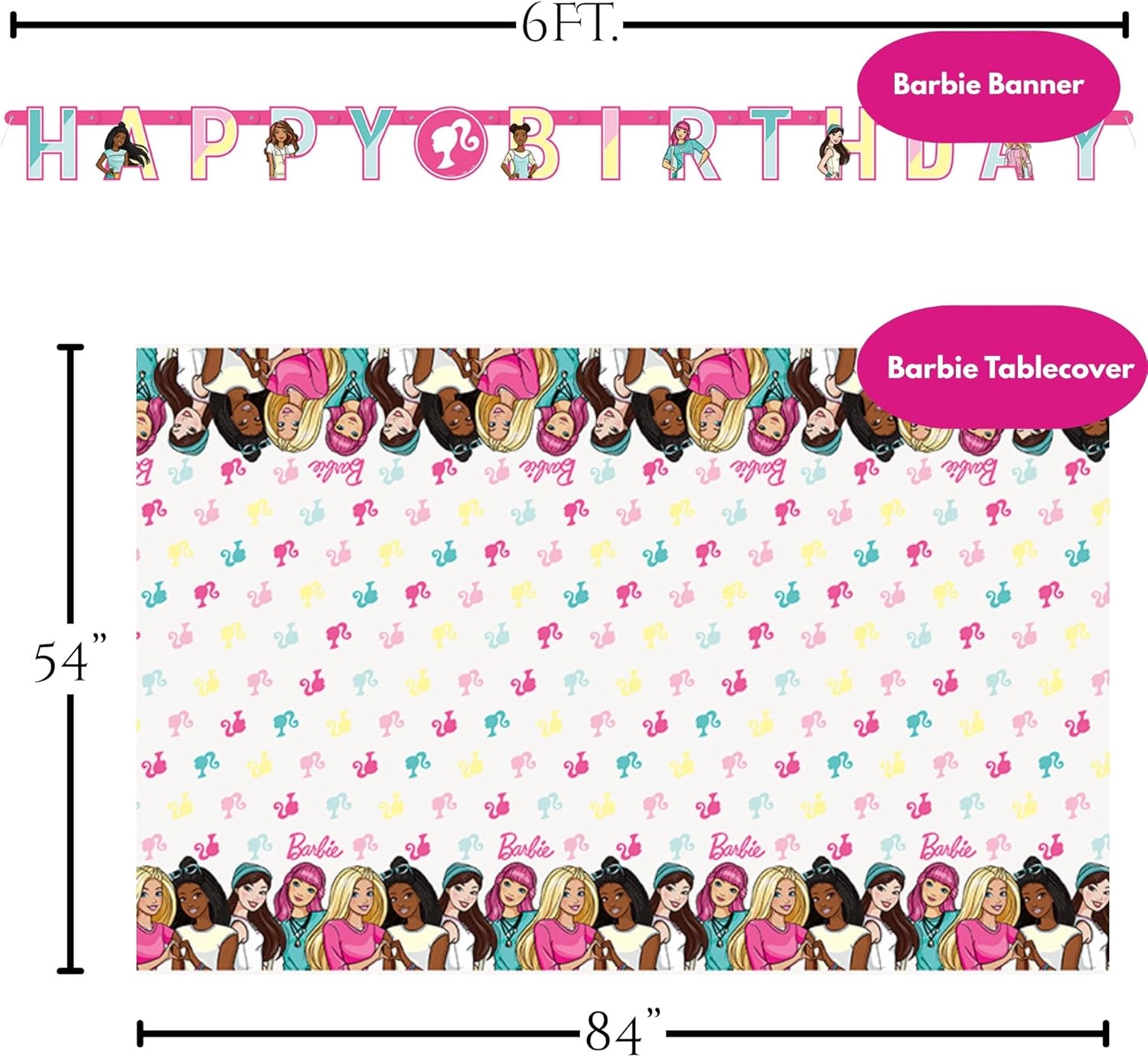 Barbie and Friends Pink Birthday Party Paper Dessert Plates, Napkins, Cups, Table Cover, and Happy Birthday Banner Decoration (16 Plates & Napkins)