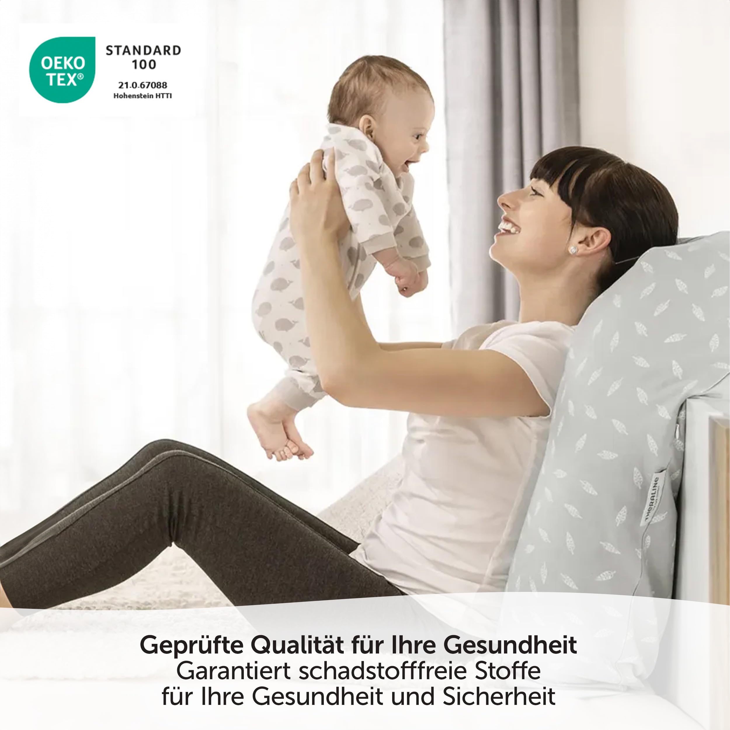 Theraline Das Original Stillkissen & Schwangerschaftskissen - 190cm inkl. Bezug aus 100% Baumwolle - Füllung aus leisen EPS-Perlen - Lagerungskissen, schadstoffgeprüft - Blätter Grau Weiß