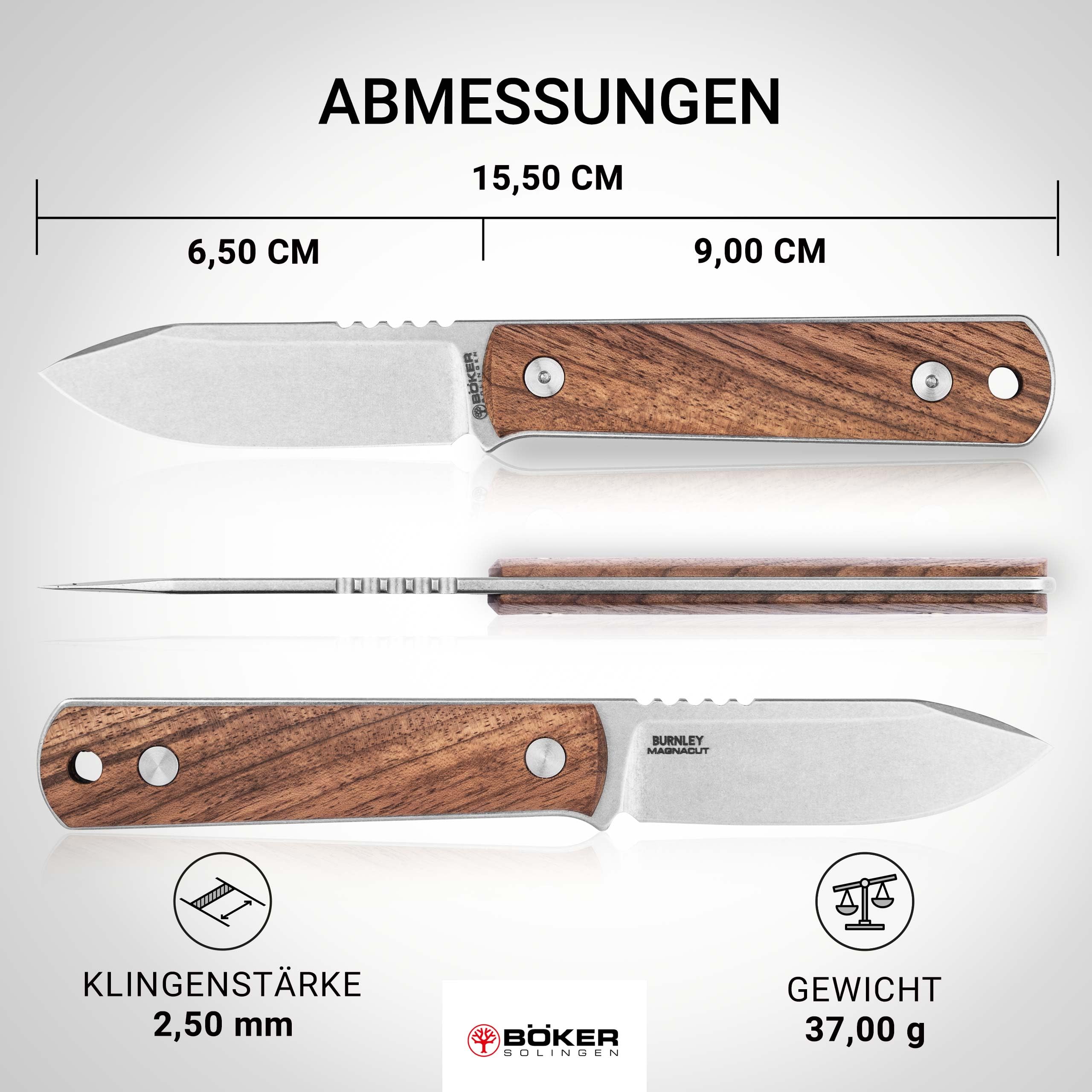 Böker SOLINGEN® BFF Packlite Walnuss – EDC Neck Knife mit feststehender 6,5 cm Klinge – Skelett-Messer extra leicht mit Holz-Griff - Halsmesser handgemacht mit Kydex-Scheide – Made in Germany