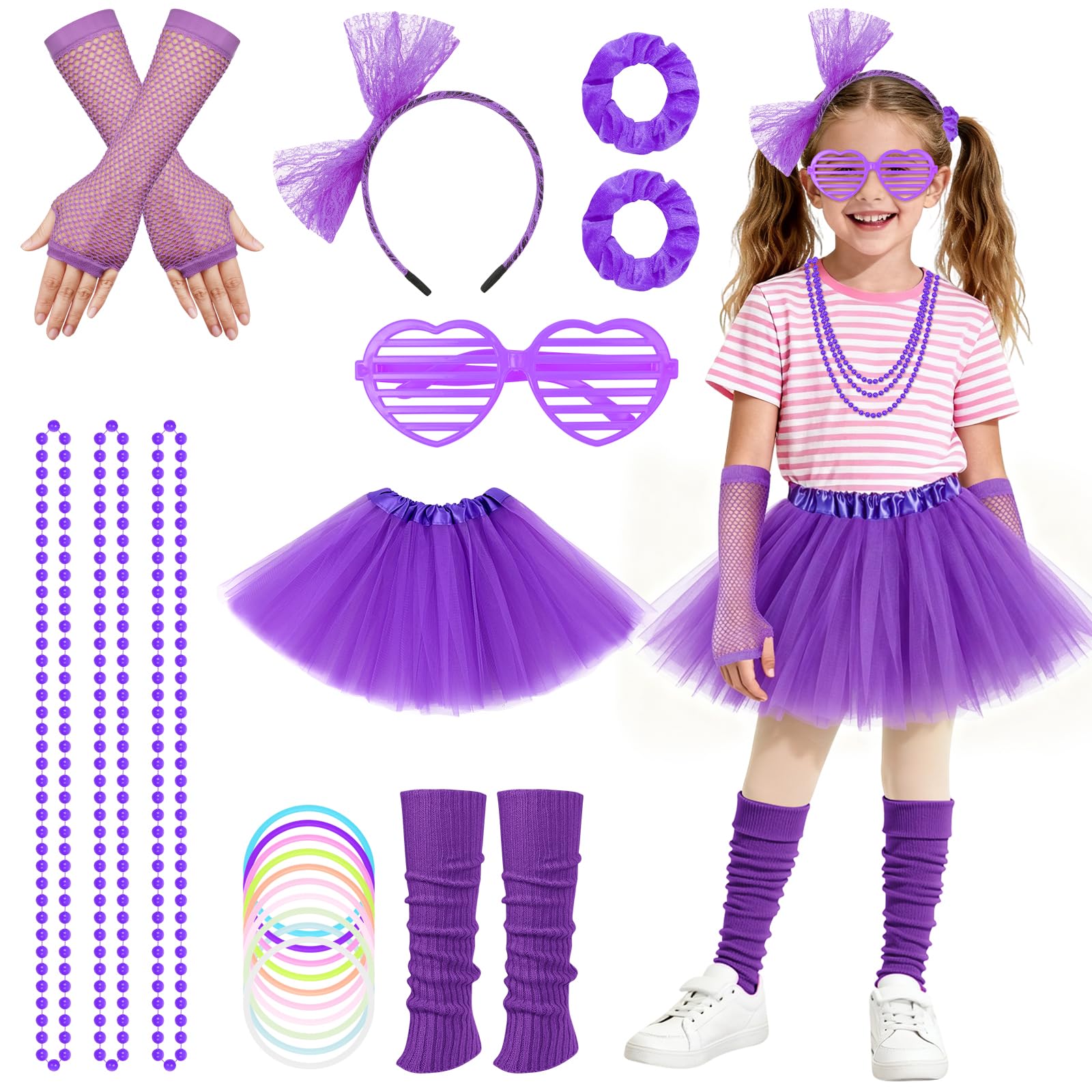 BSBUY 80s Fancy Dress Costume for Kids 20 Pcs 1980s Costume for Girls Neon Costume Fancy Dress Outfit Dress Up with Tutu Skirt Fishnet Gloves Leg Warmers Glasses Bracelets Necklaces Headband(Purple)