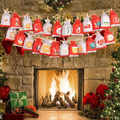 Miniatura 5 de Bolsas de calendario de Adviento de Navidad, bolsas de arpillera para calendario de cuenta regresiva de 24 días, bolsas de tela reutilizables para
