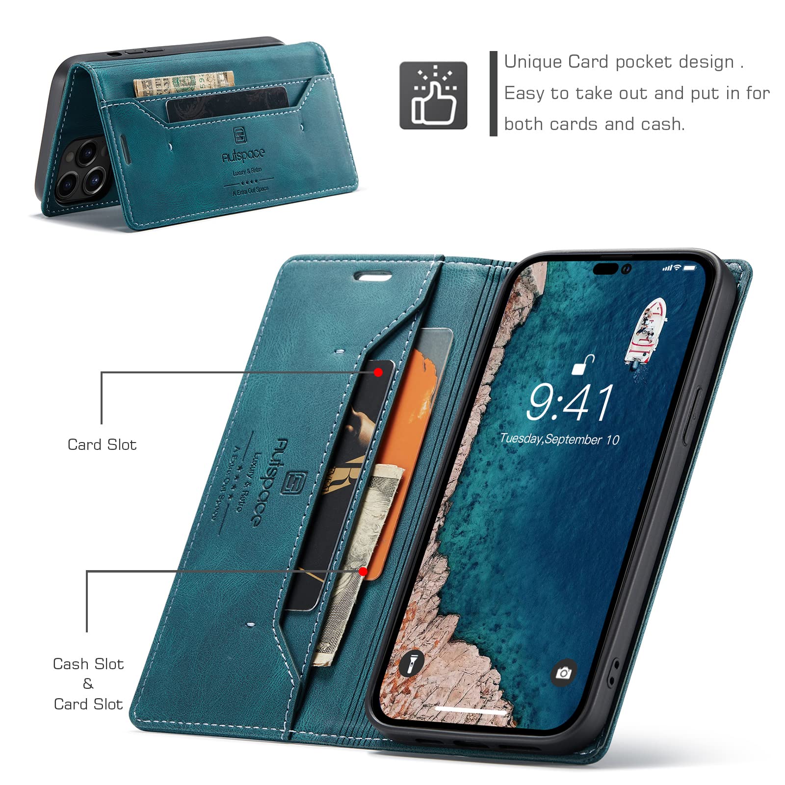 LOLFZ Custodia A Portafoglio In Pelle Per IPhone 14 Pro – Vintage Con 3 Slot Carte, Chiusura Magnetica E Supporto Regolabile – Blu - 4