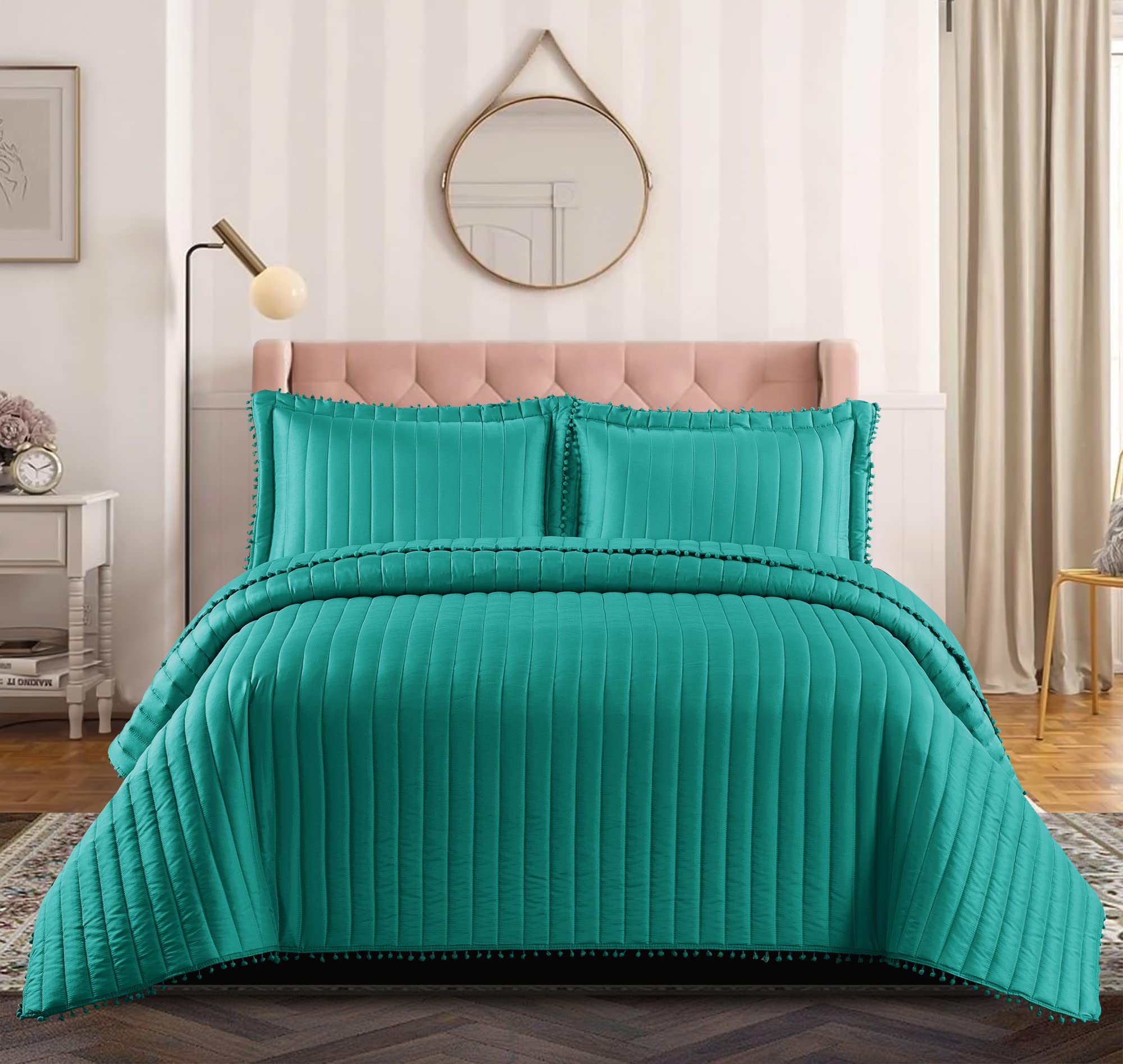 Best Linen Quilted Bedspread Bed Throw 3 Piece Bedding Set Includes Comforter and 2 Pillow Cases Embossed Quilt Bedding Set (Pom Pom Teal, King)