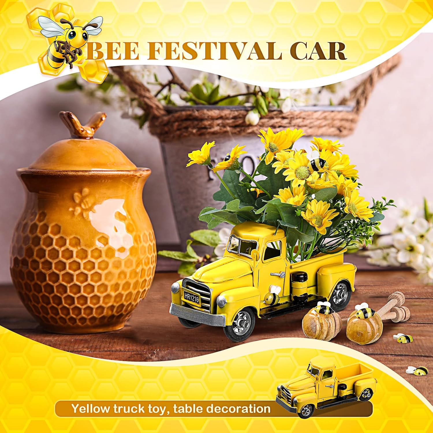 Honeybee Home Decor Includes Farm Fresh Honey Yellow Truck with Flowers Faux Honey Dippers and Artificial Bees Vintage Metal Decorative Truck with Flowers for Spring Summer Bookshelf Table Decors