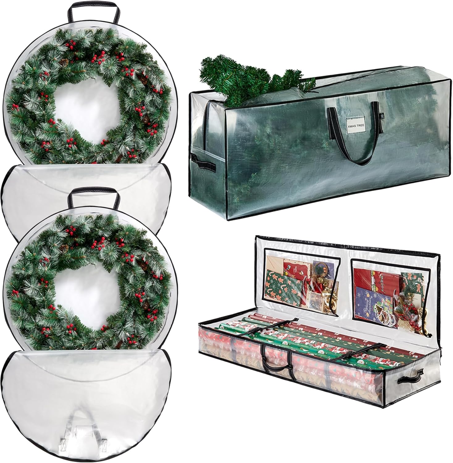 VENO 4 Pack Christmas Wreath, Tree and Wrapping Paper Storage Bags (2 Pack 36 Inch Wreath Bags, 1 Pack 7.5 ft Tree Storage, 1 Pack Gift Wrapping Paper Storage)