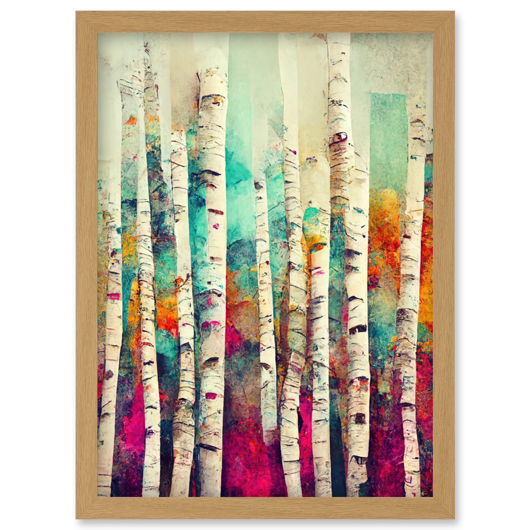 Wee Blue Coo Abstract Multi Coloured Birch Tree Forest Vibrant Colourful Oil Painting Artwork Framed Wall Art Print A4