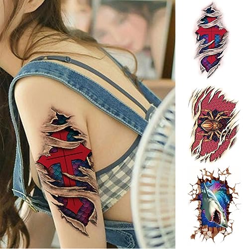 Miniatura 2 de (3 piezas) Tatuaje temporal, Cruz Roja, araña, tatuajes corporales de tiburón 3D, para brazos, espalda, piernas, media manga, impermeable