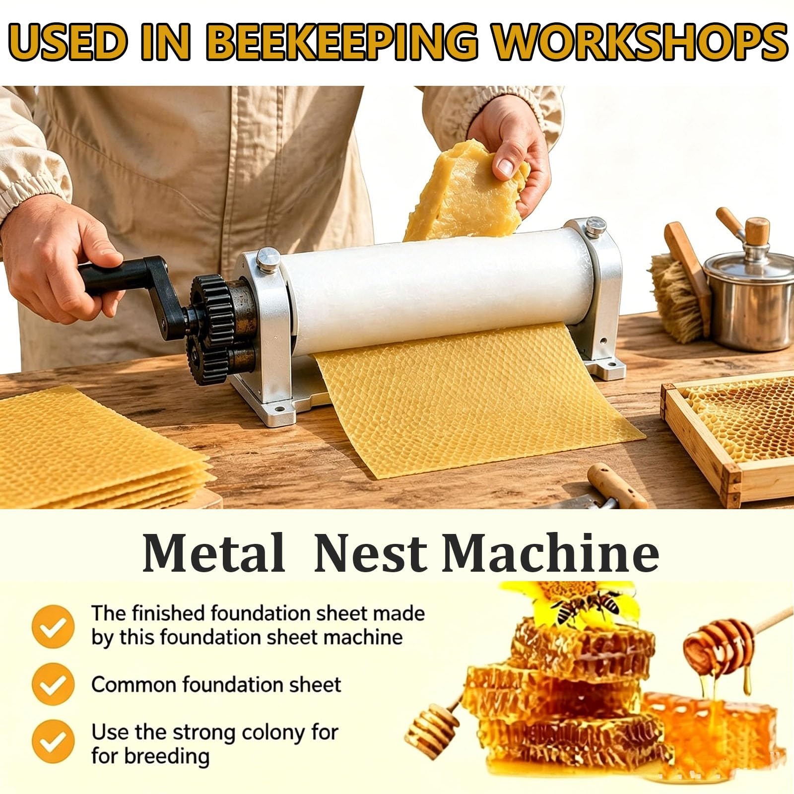 Molinillo manual de cera de abeja, herramienta de apicultura de aleación de aluminio para producción de chapa metálica con tamaños de celdas intercambiables (4,9 mm)
