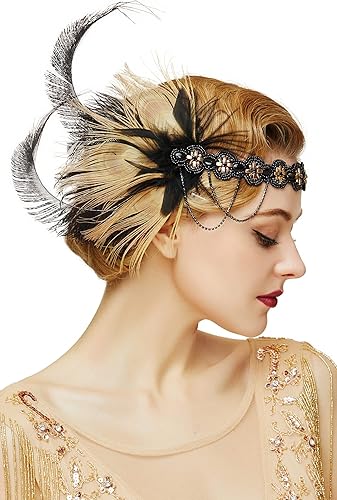 BABEYOND Diadema de plumas con lentejuelas de los años 20, accesorios para el cabello de Gatsby