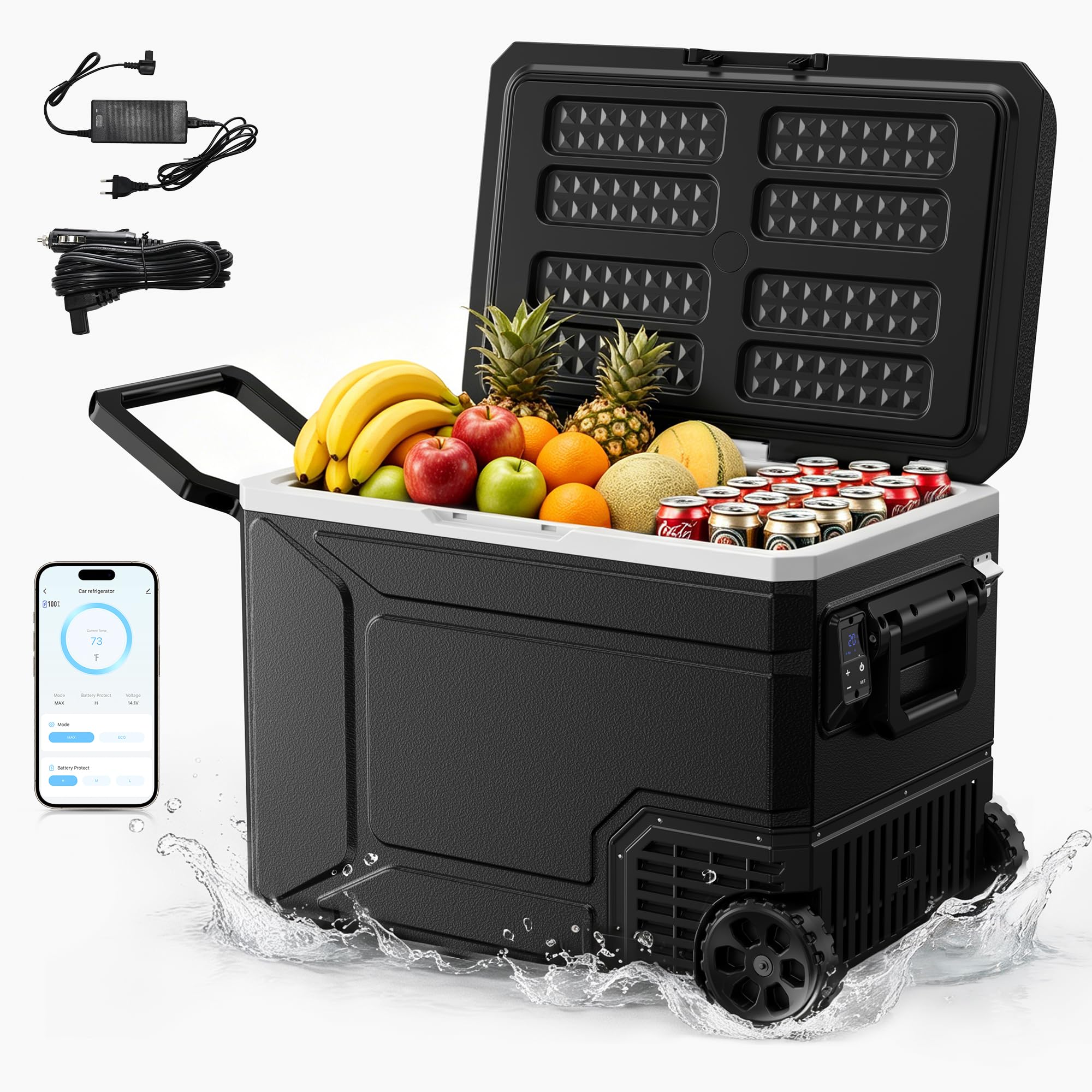 EUHOMY 64L Auto Kühlschrank mit APP-Steuerung, Kompressor Kühlbox 12V/24V & 220-240V, -20°C bis 20°C, Große Tragbare Kühlbox mit Rädern und Zuggriff für Camping, Angeln, Reisen und Outdoor