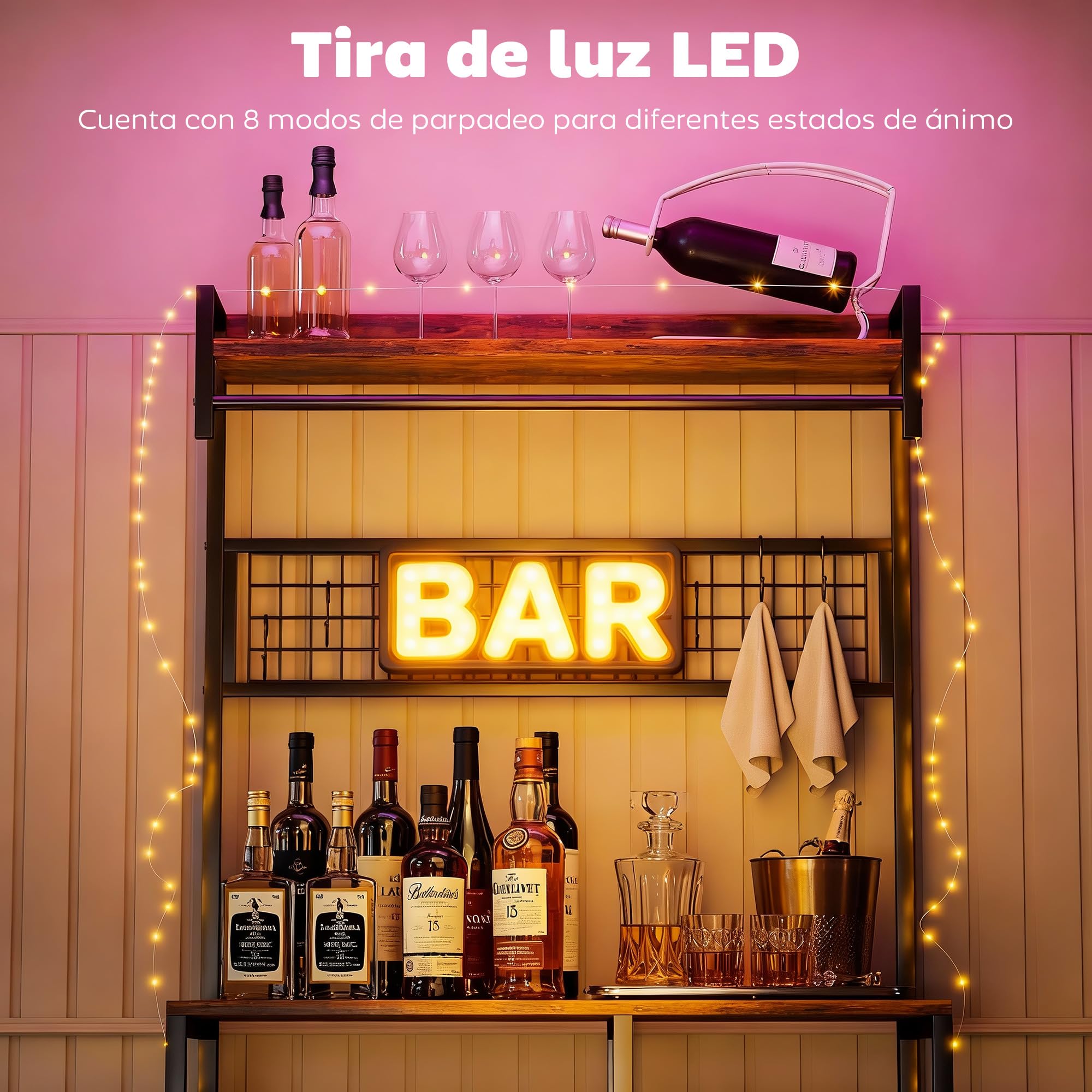 HOMCOM Estantería de Cocina con Tres Enchufes y Luces LED, Estantería de Panadería Industrial con Estantes para Microondas, Cesta de Malla Metálica, 10 Ganchos, Barra 80x42x162 cm, Marrón Rústico