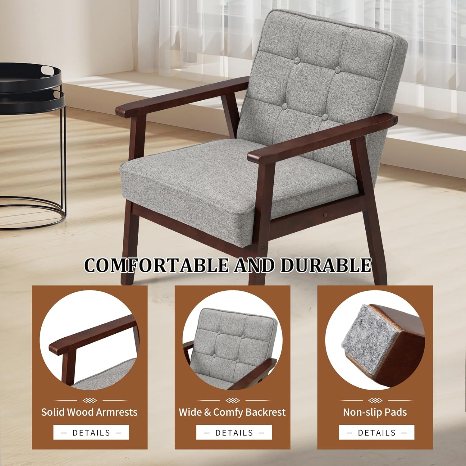 Haddockway Mid Century Accent Chair with Arms,Retro Leisure Reading Armchair,Comfy Leisure Chair Living Room Chair,Modern Linen Upholstered Lounge Chair with Wood Frame for Office/Bedroom (Light Gray)